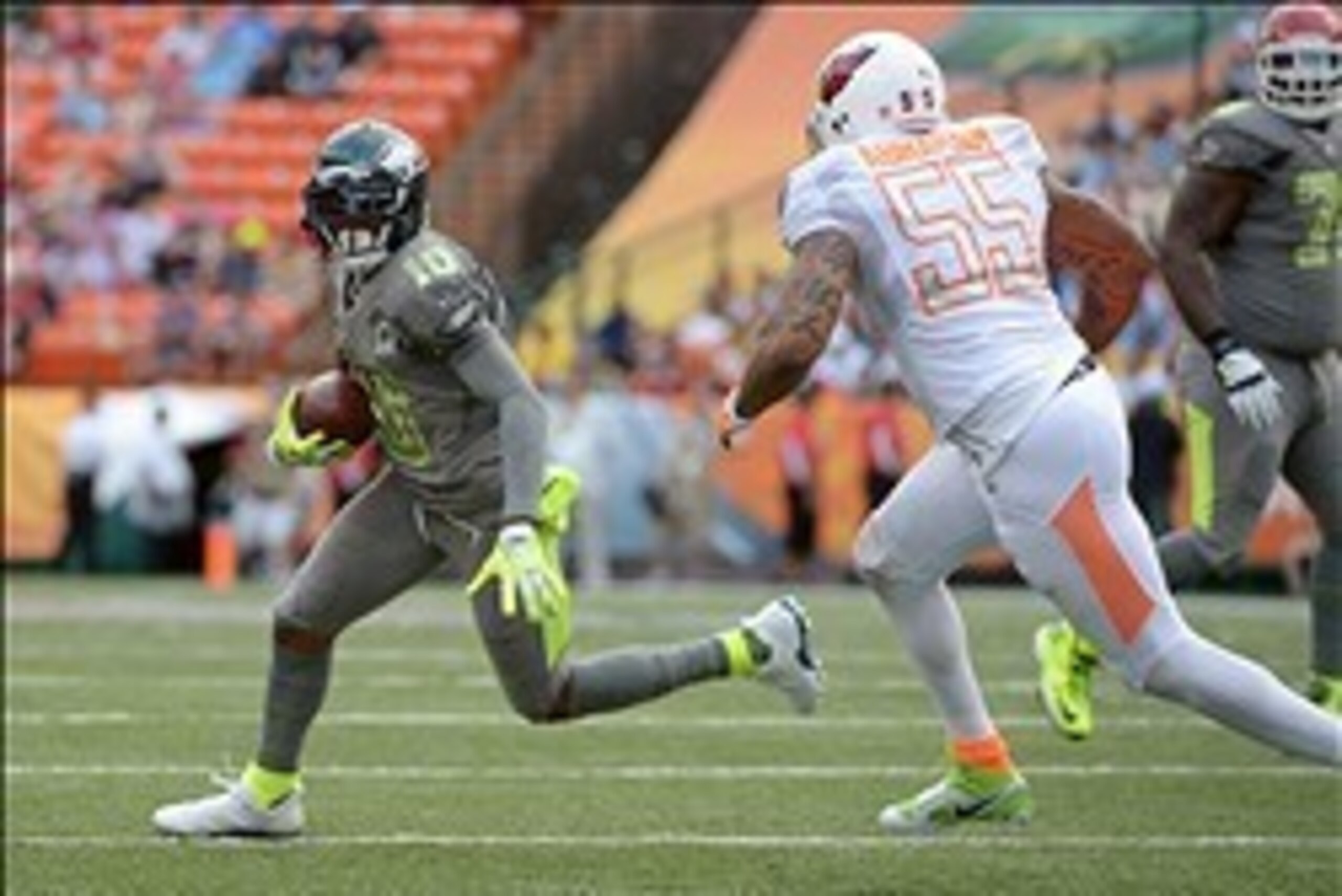 January 26, 2014; Honolulu, HI, USA; Team Sanders receiver DeSean Jackson of the Philadelphia Eagles (10) is defended by Team Rice linebacker John Abraham of the Arizona Cardinals (55) in the fourth quarter during the 2014 Pro Bowl at Aloha Stadium. Team 