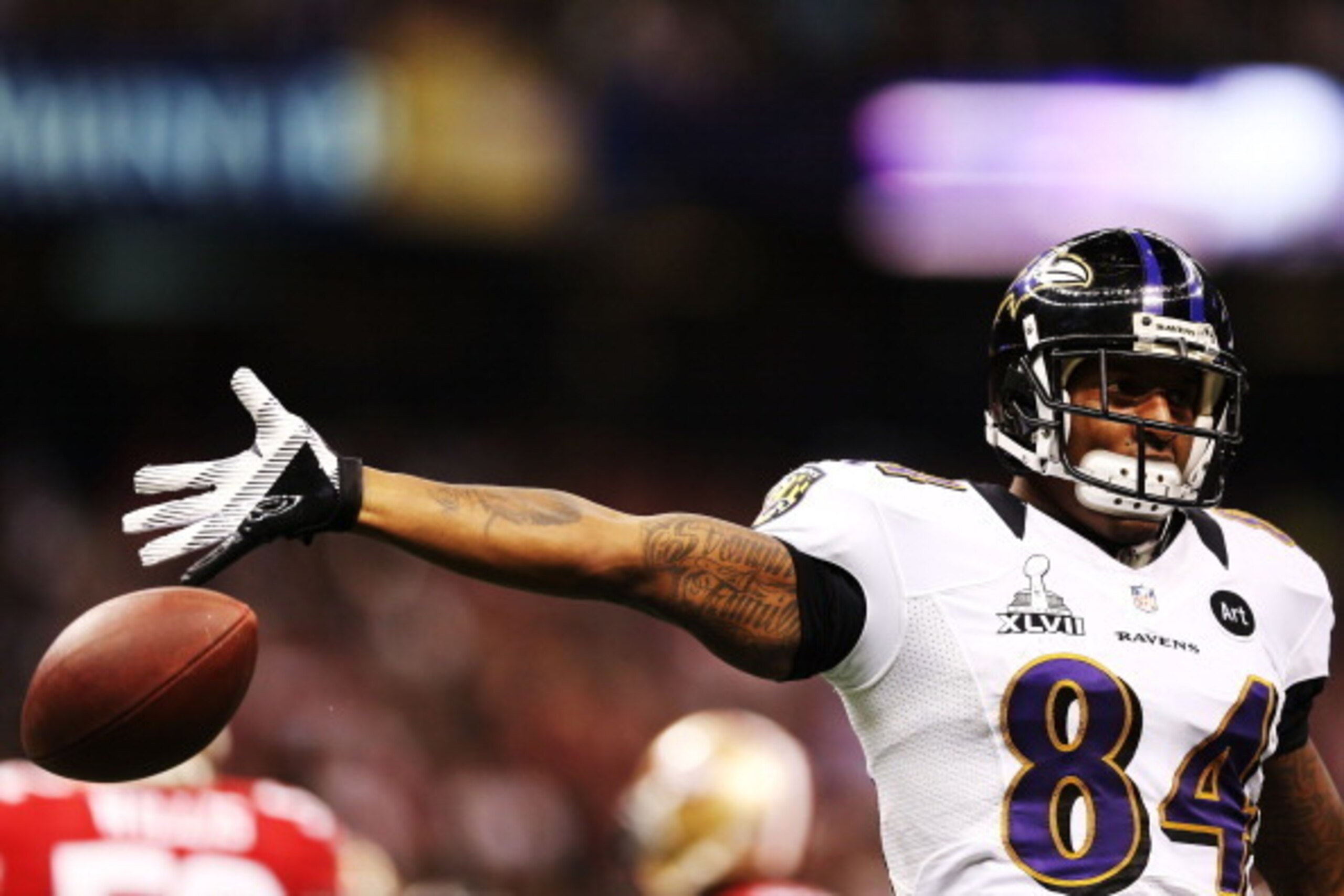 NEW ORLEANS, LA - FEBRUARY 03:  Ed Dickson #84 of the Baltimore Ravens reacts after a play in the first half against the San Francisco 49ers during Super Bowl XLVII at the Mercedes-Benz Superdome on February 3, 2013 in New Orleans, Louisiana.  (Photo by C