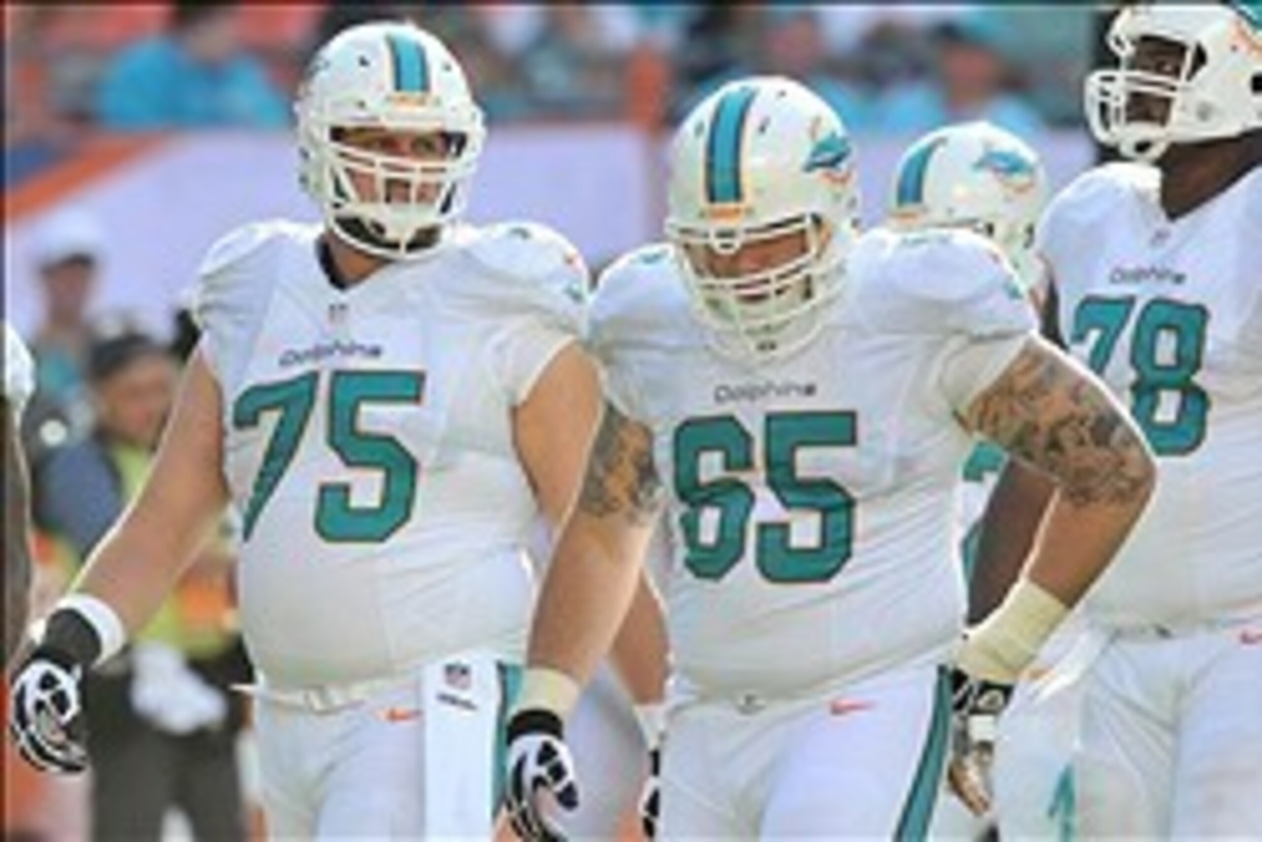 Nov 24, 2013; Miami Gardens, FL, USA; Miami Dolphins guard Nate Garner (left) and guard Sam Brenner (right) are seen during a timeout against the Carolina Panthers at Sun Life Stadium. The Panthers won 20-16. Mandatory Credit: Steve Mitchell-USA TODAY Spo