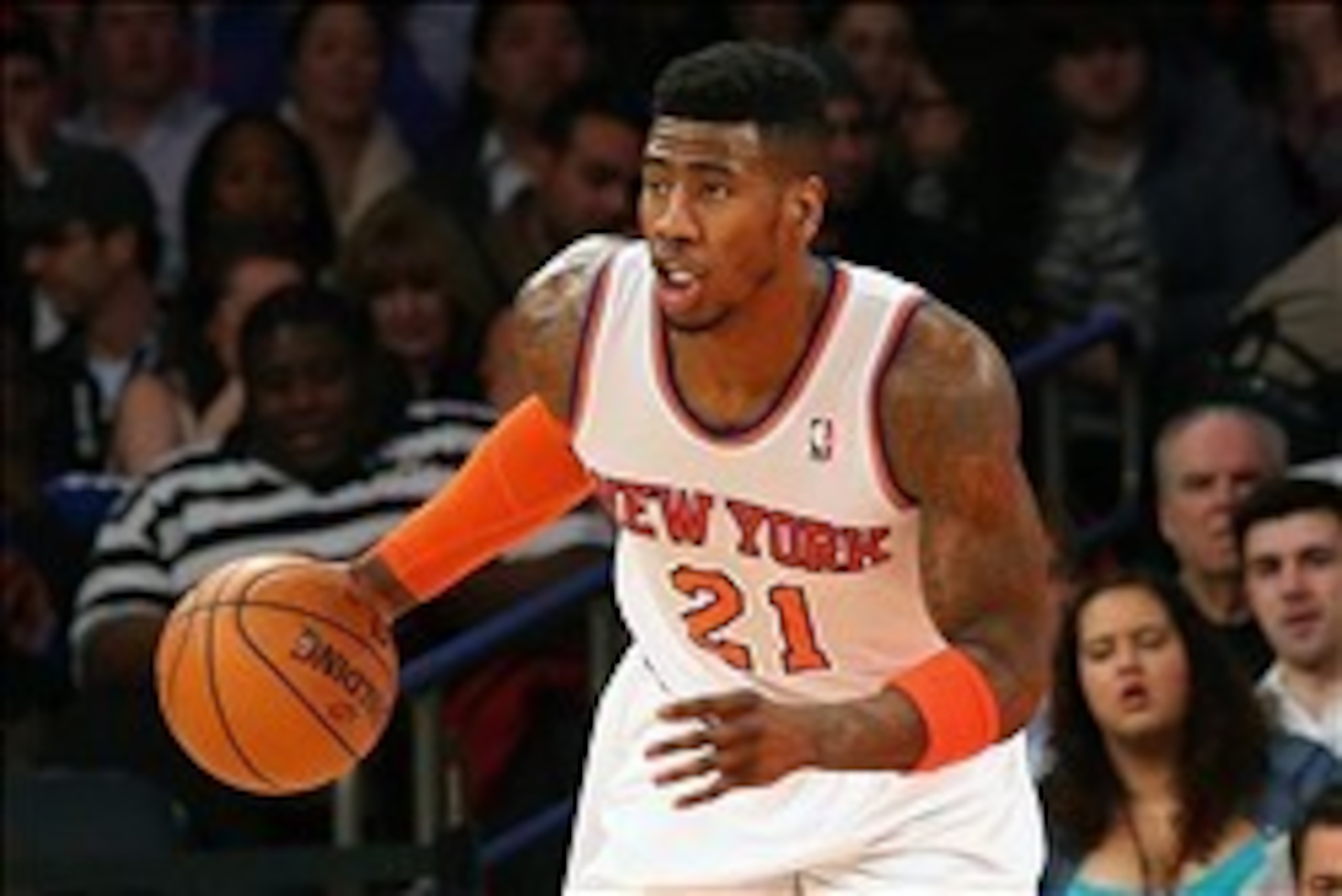 Mar 10, 2014; New York, NY, USA;   New York Knicks shooting guard Iman Shumpert (21) advances the ball during the third quarter against the Philadelphia 76ers at Madison Square Garden. New York Knicks won 123-110.  Mandatory Credit: Anthony Gruppuso-USA T
