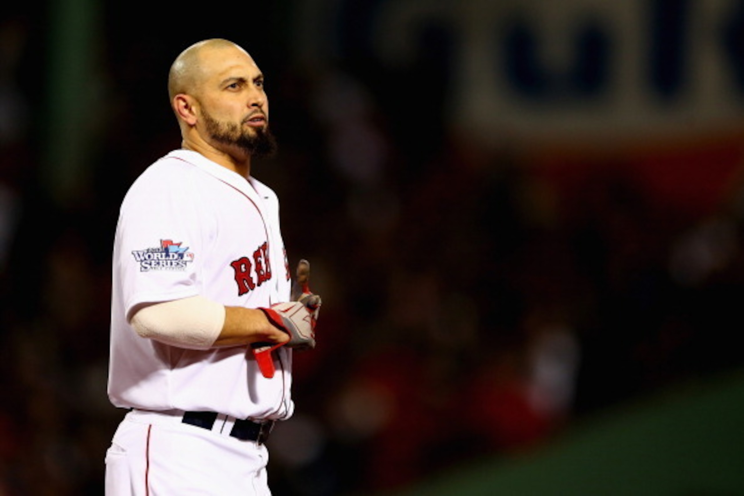 BOSTON, MA - OCTOBER 30:  Shane Victorino #18 of the Boston Red Sox reacts against the St. Louis Cardinals during Game Six of the 2013 World Series at Fenway Park on October 30, 2013 in Boston, Massachusetts.  (Photo by Elsa/Getty Images)