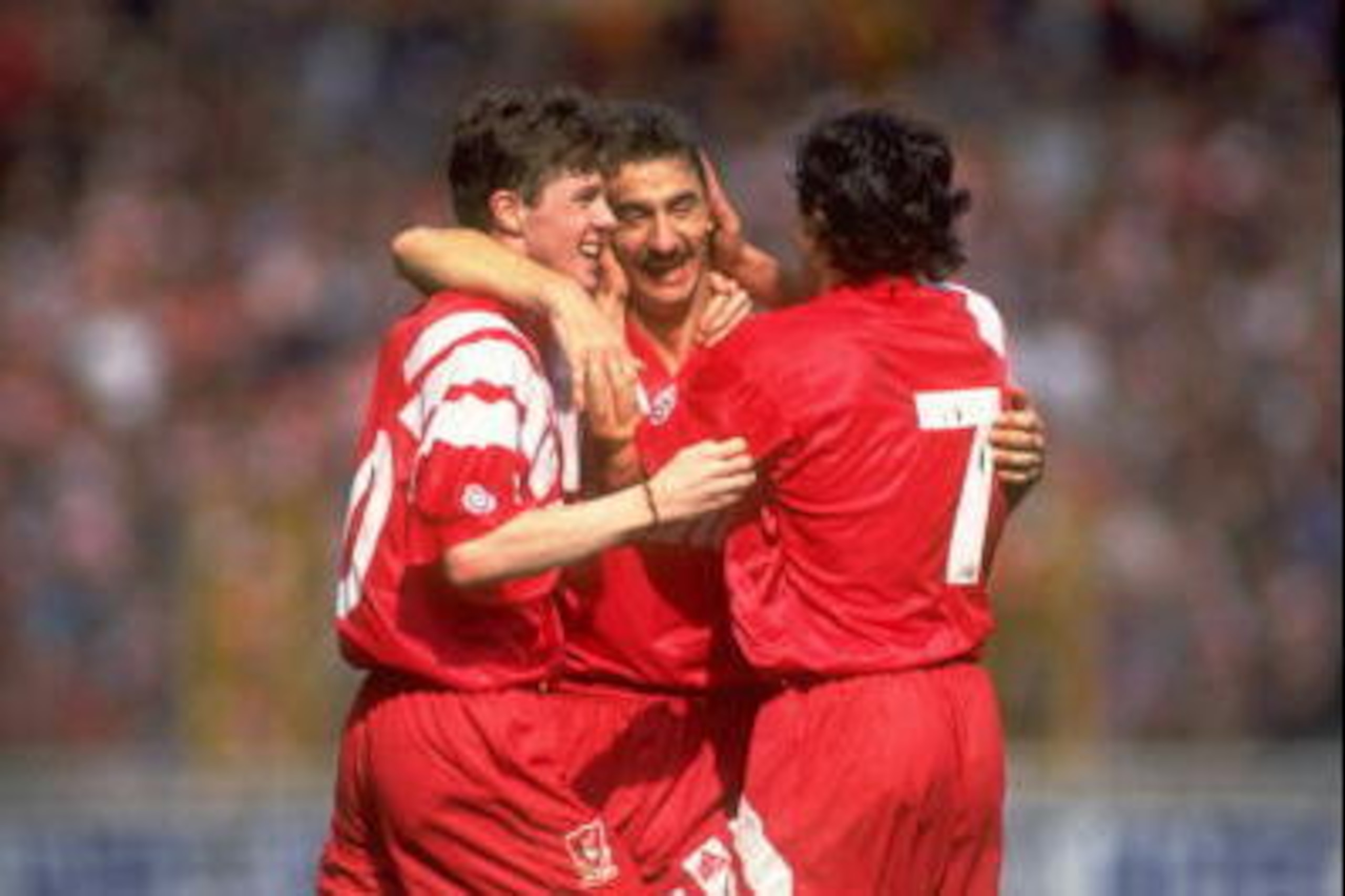 1992:  Steve McManaman (left), Ian Rush (centre) and Dean Saunders (right) of Liverpool celebrate after their victory in the FA Cup final against Sunderland at Wembley Stadium in London. Liverpool won the match 2-0.  \ Mandatory Credit: David  Cannon/Alls
