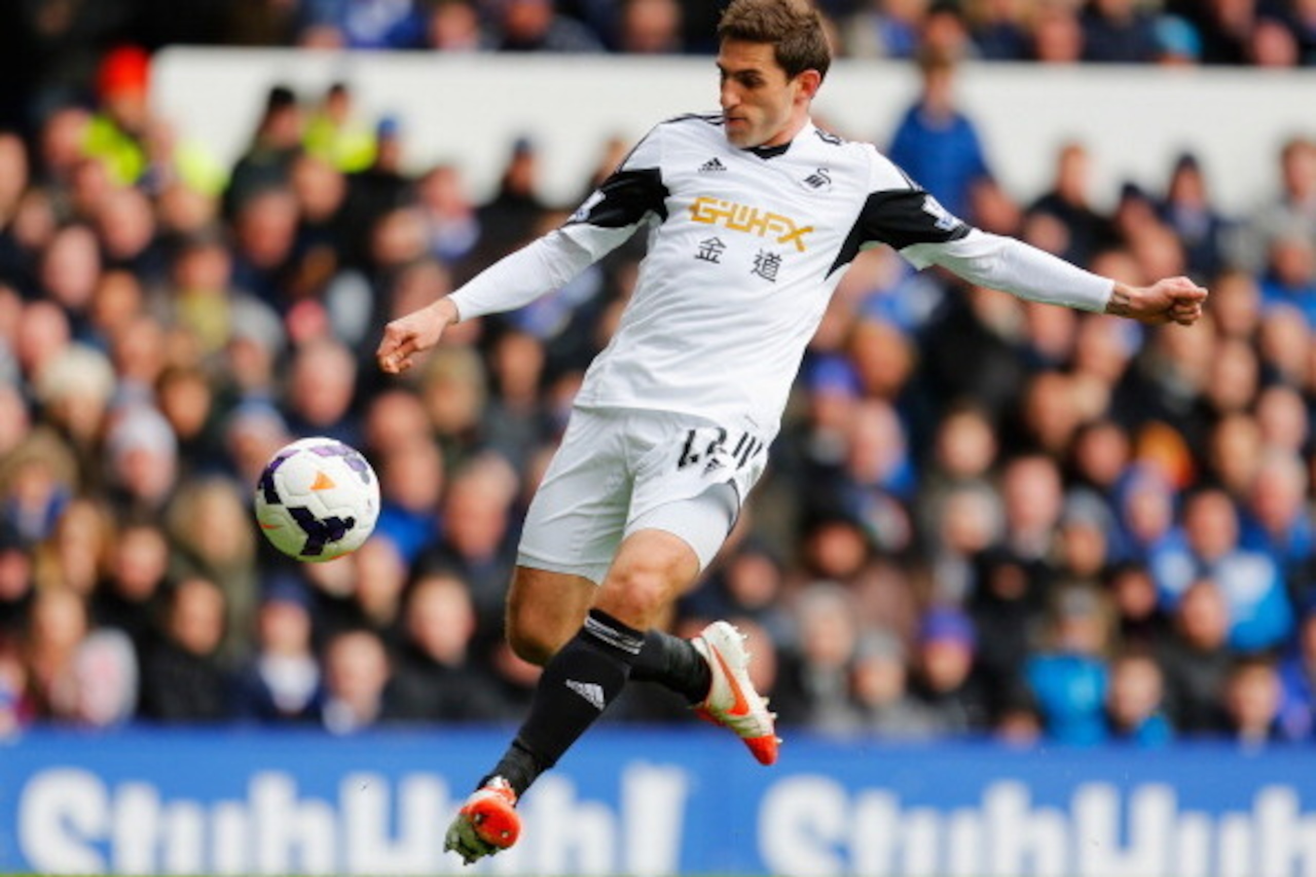 LIVERPOOL, ENGLAND - MARCH 22:  Angel Rangel of Swansea City in action during the Barclays Premier League match between Everton and Swansea City at Goodison Park on March 22, 2014 in Liverpool, England.  (Photo by Paul Thomas/Getty Images)
