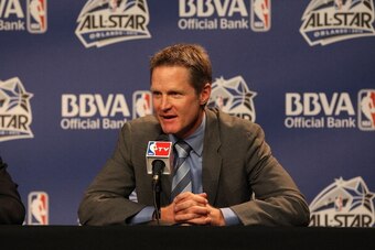 ORLANDO, FL - FEBRUARY 24:  Coach Steve Kerr of Team Shaq responds to reporters during a press conference prior to the BBVA Rising Stars Challenge as part of 2012 All-Star Weekend at the Amway Center on February 24, 2012 in Orlando, Florida. NOTE TO USER: