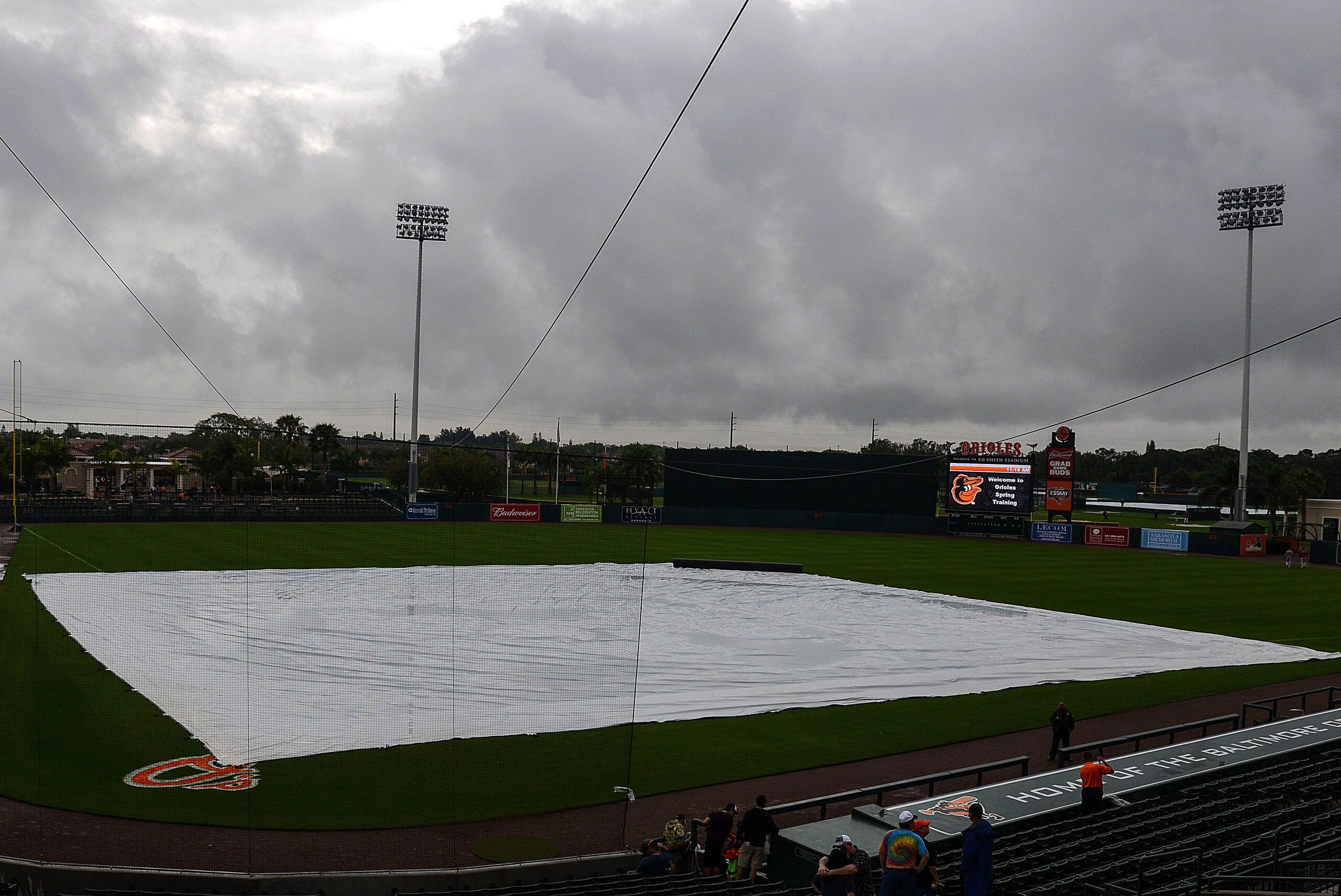 Mar 24, 2014; Sarasota, FL, USA; Dark clouds surround the stadium before the start of the spring training exhibition game between the Boston Red Sox and the Baltimore Orioles at Ed Smith Stadium. Mandatory Credit: Jonathan Dyer-USA TODAY Sports Mar 24, 2014; Sarasota, FL, USA; Dark clouds surround the stadium before the start of the spring training exhibition game between the Boston Red Sox and the Baltimore Orioles at Ed Smith Stadium. Mandatory Credit: Jonathan Dyer-USA TODAY Sports