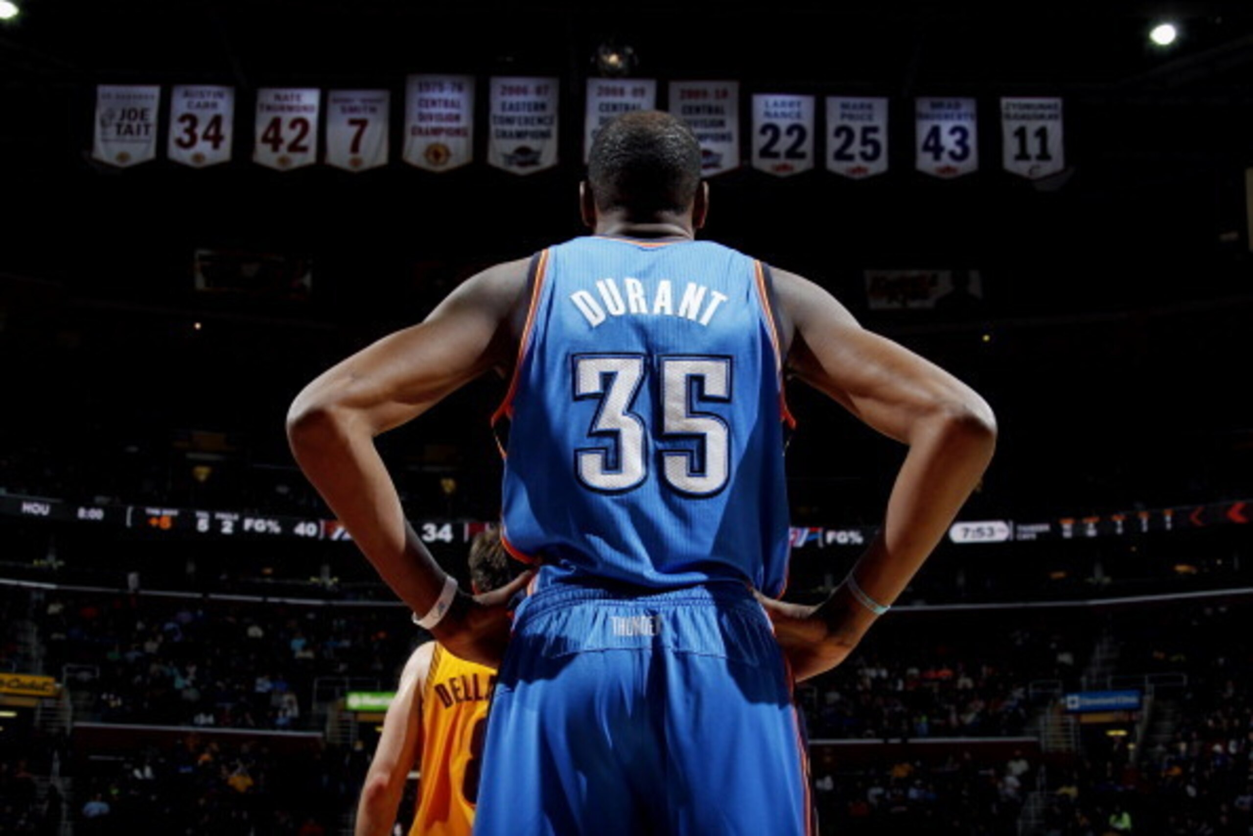 CLEVELAND, OH - MARCH 20: Kevin Durant #35 of the Oklahoma City Thunder stands on the court during a game against the Cleveland Cavaliers at The Quicken Loans Arena on March 20, 2014 in Cleveland, Ohio. NOTE TO USER: User expressly acknowledges and agrees