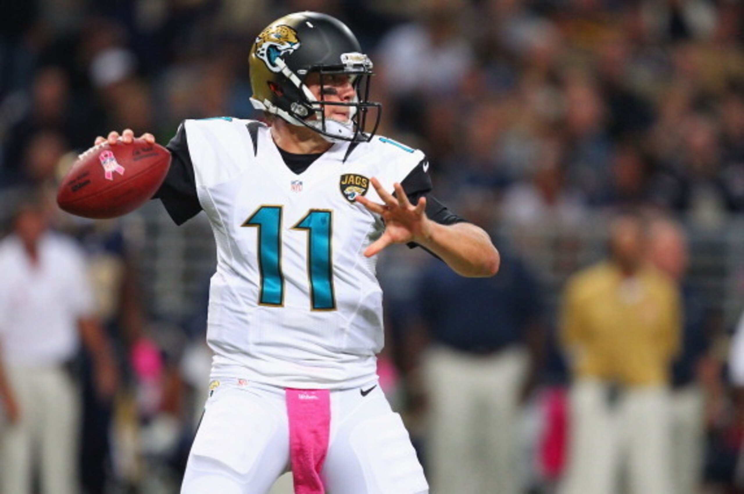 ST. LOUIS, MO - OCTOBER 6: Blaine Gabbert #11 of the Jacksonville Jaguars looks to pass the ball against the St. Louis Rams at the Edward Jones Dome on October 6, 2013 in St. Louis, Missouri.  The Rams beat the Jaguars 34-20.  (Photo by Dilip Vishwanat/Ge