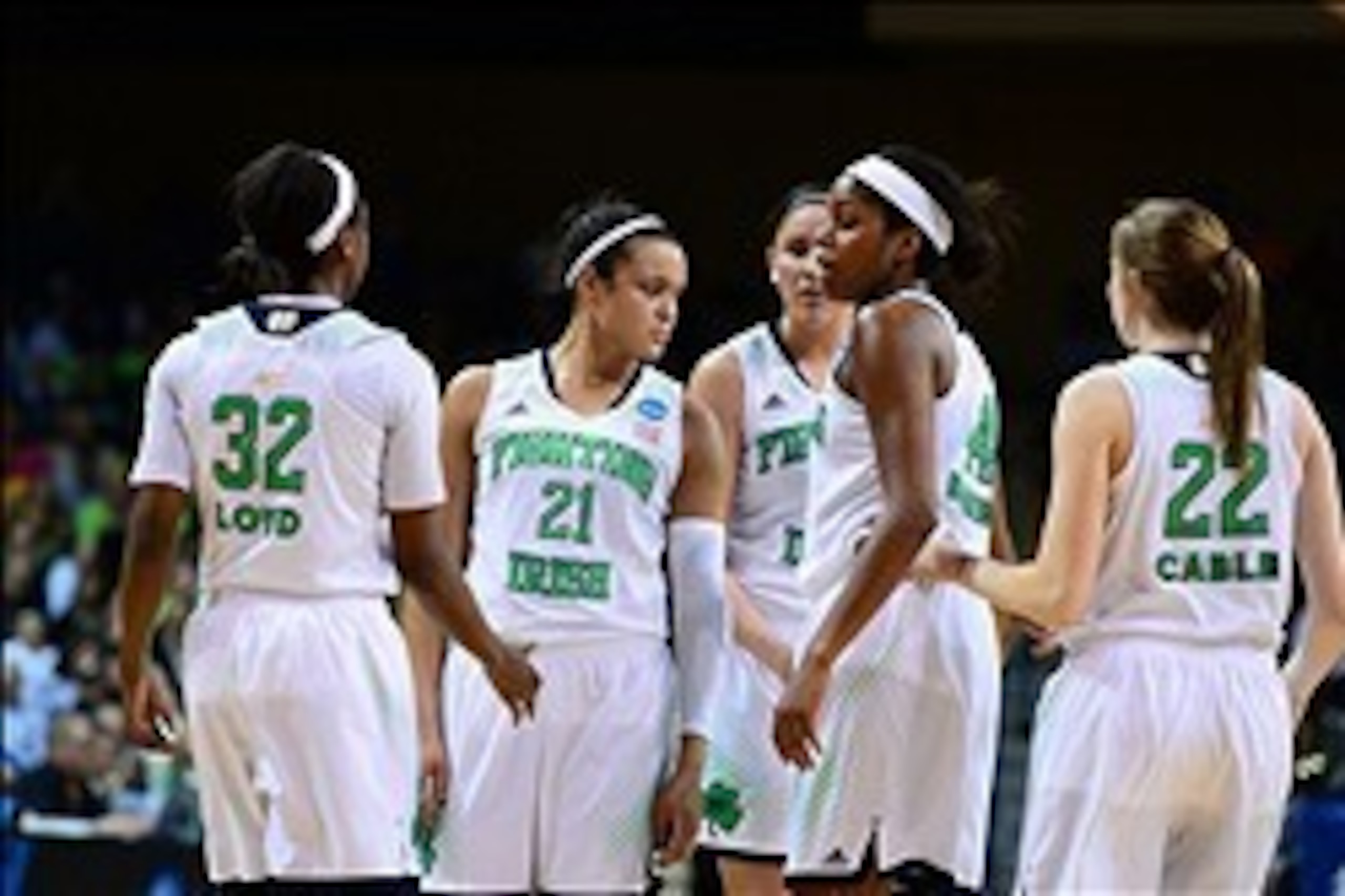 Mar 24, 2014; Toledo, OH, USA; Notre Dame Fighting Irish players huddle against the Arizona State Sun Devils in the first half of a women's college basketball game in the second round of the NCAA Tournament at Savage Arena. Mandatory Credit: Andrew Weber-