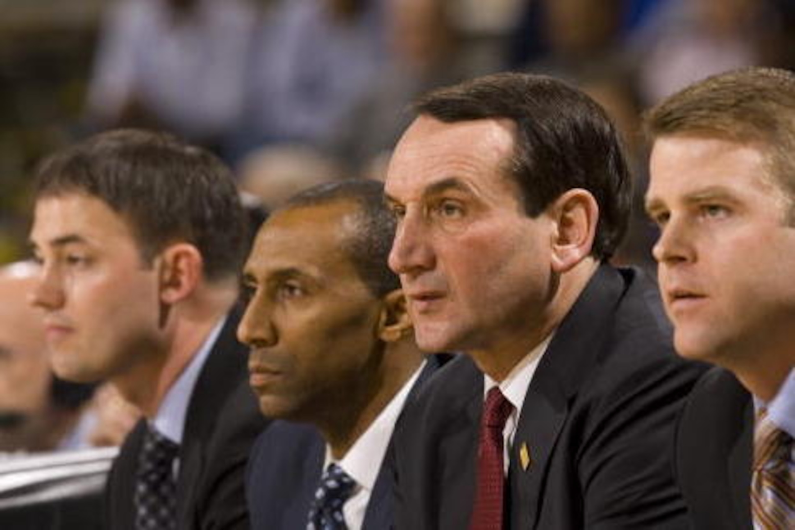 ATLANTA - JANUARY 10:  (L-R): Director of Basketball Operations Mike Schrage, assistant coach Johnny Dawkins, head coach Mike Krzyzewski and assistant coaches Steve Wojciechowski and Chris Collins of the Duke Blue Devils watch play from the bench during t