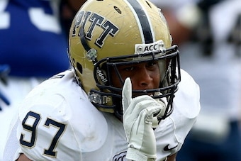 DURHAM, NC - SEPTEMBER 21:  Aaron Donald #97 of the Pittsburgh Panthers reacts after sacking Brandon Connette #18 of the Duke Blue Devils during their game at Wallace Wade Stadium on September 21, 2013 in Durham, North Carolina.  (Photo by Streeter Lecka/