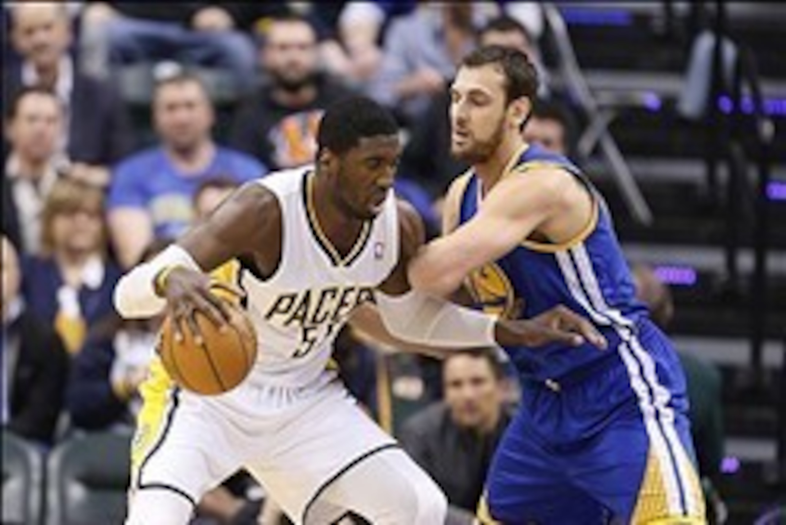 Mar 4, 2014; Indianapolis, IN, USA; Indiana Pacers center Roy Hibbert (55) is guarded by Golden State Warriors center Andrew Bogut (12) at Bankers Life Fieldhouse. Mandatory Credit: Brian Spurlock-USA TODAY Sports Mar 4, 2014; Indianapolis, IN, USA; Indiana Pacers center Roy Hibbert (55) is guarded by Golden State Warriors center Andrew Bogut (12) at Bankers Life Fieldhouse. Mandatory Credit: Brian Spurlock-USA TODAY Sports