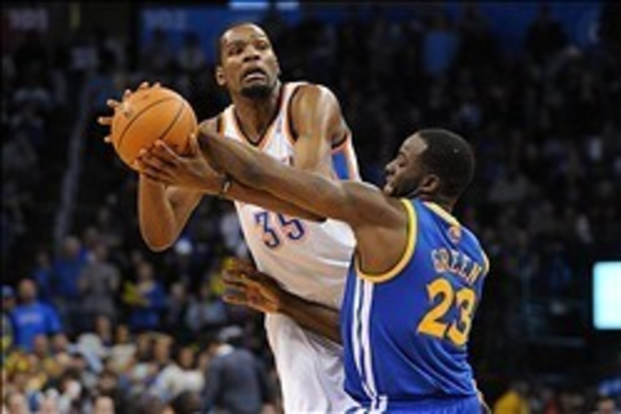 Jan 17, 2014; Oklahoma City, OK, USA; Oklahoma City Thunder small forward Kevin Durant (35) is fouled by Golden State Warriors small forward Draymond Green (23) during the fourth quarter at Chesapeake Energy Arena. Mandatory Credit: Mark D. Smith-USA TODA Jan 17, 2014; Oklahoma City, OK, USA; Oklahoma City Thunder small forward Kevin Durant (35) is fouled by Golden State Warriors small forward Draymond Green (23) during the fourth quarter at Chesapeake Energy Arena. Mandatory Credit: Mark D. Smith-USA TODA