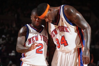 NEW YORK - NOVEMBER 22:  Nate Robinson #2 and Eddy Curry #34 of the New York Knicks talk on the court during the game against the Boston Celtics on November 22, 2009 at Madison Square Garden in New York City. The Celtics won 107-105. NOTE TO USER: User ex