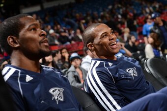 SACRAMENTO, CA - DECEMBER 3:  Kevin Durant #35 and Russell Westbrook #0 of the Oklahoma City Thunder share a laugh before the game the Sacramento Kings at Sleep Train Arena on December 3, 2013 in Sacramento, California. NOTE TO USER: User expressly acknow