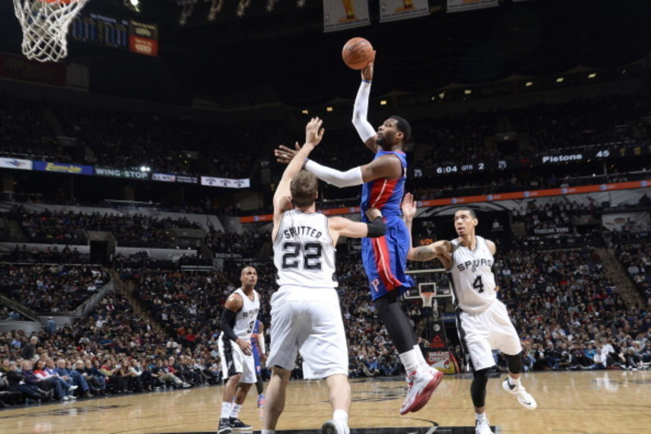 SAN ANTONIO, TX - February 26: Andre Drummond #0 of the Detroit Pistons shoots against the San Antonio Spurs at the AT&T Center on February 26, 2014 in San Antonio, Texas. NOTE TO USER: User expressly acknowledges and agrees that, by downloading and or us