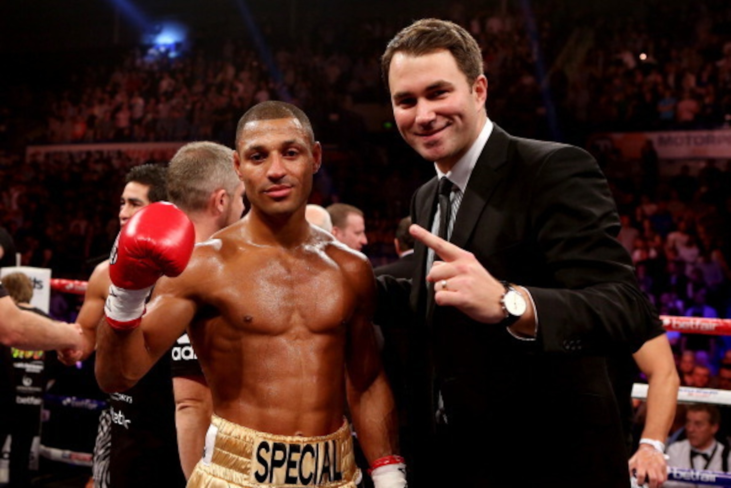 SHEFFIELD, ENGLAND - OCTOBER 20: Kell Brook celebrates his victory over Hector Saldivia with Eddie Hearn during their IBF Welterweight Title Eliminator fight on October 20, 2012 in Sheffield, England. (Photo by Scott Heavey/Getty Images) SHEFFIELD, ENGLAND - OCTOBER 20: Kell Brook celebrates his victory over Hector Saldivia with Eddie Hearn during their IBF Welterweight Title Eliminator fight on October 20, 2012 in Sheffield, England. (Photo by Scott Heavey/Getty Images)