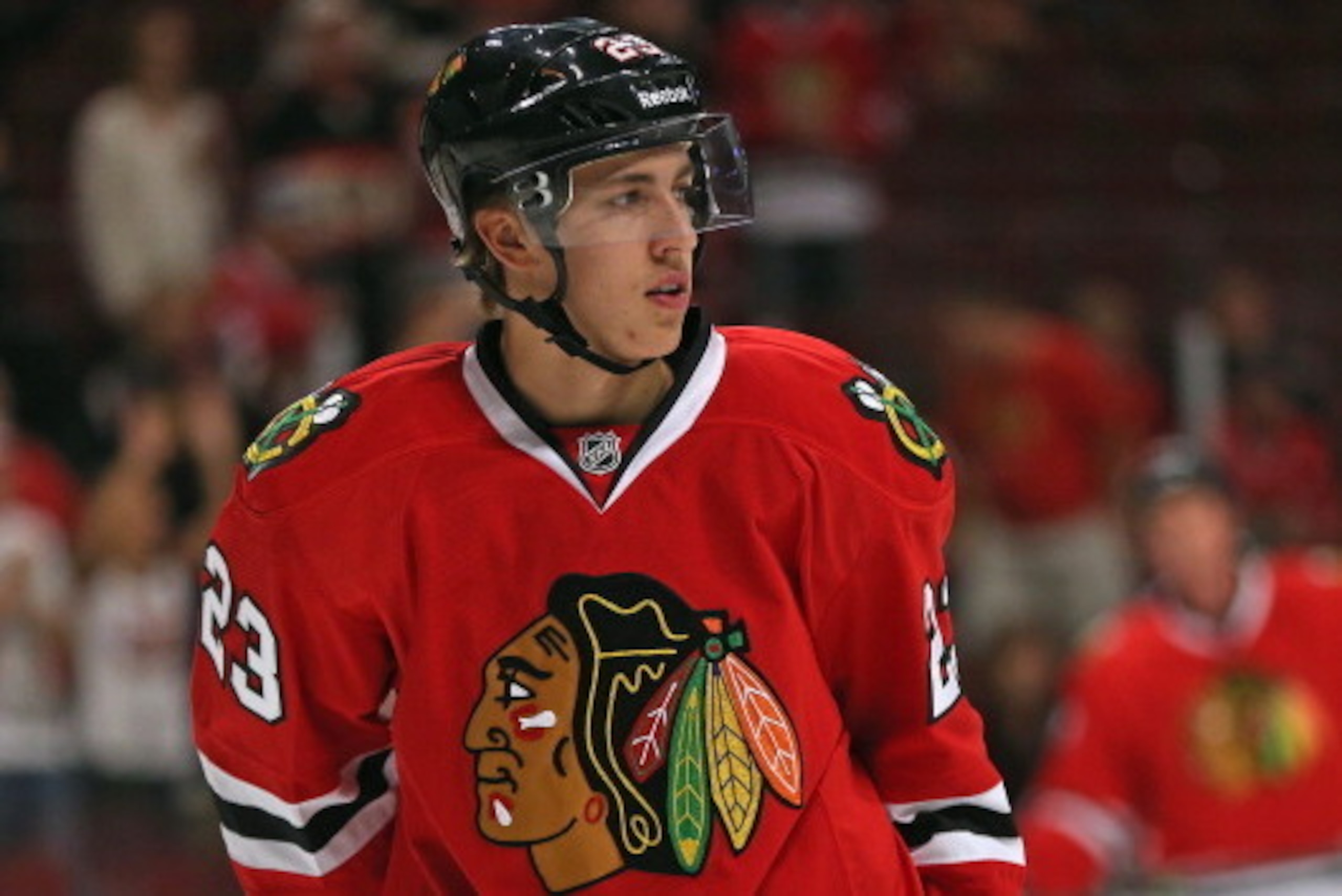CHICAGO, IL - SEPTEMBER 19:  Teuvo Teravainen #23 of the Chicago Blackhawks participates in warm-ups beofre a game against the Pittsburgh Penguins during an exhibition game at United Center on September 19, 2013 in Chicago, Illinois.  (Photo by Jonathan D