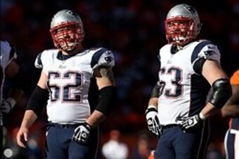 January 19, 2014; Denver, CO, USA; New England Patriots offensive lineman Ryan Wendell (62) and offensive lineman Dan Connolly (63) against the Denver Broncos in the 2013 AFC Championship football game at Sports Authority Field at Mile High. Mandatory Cre