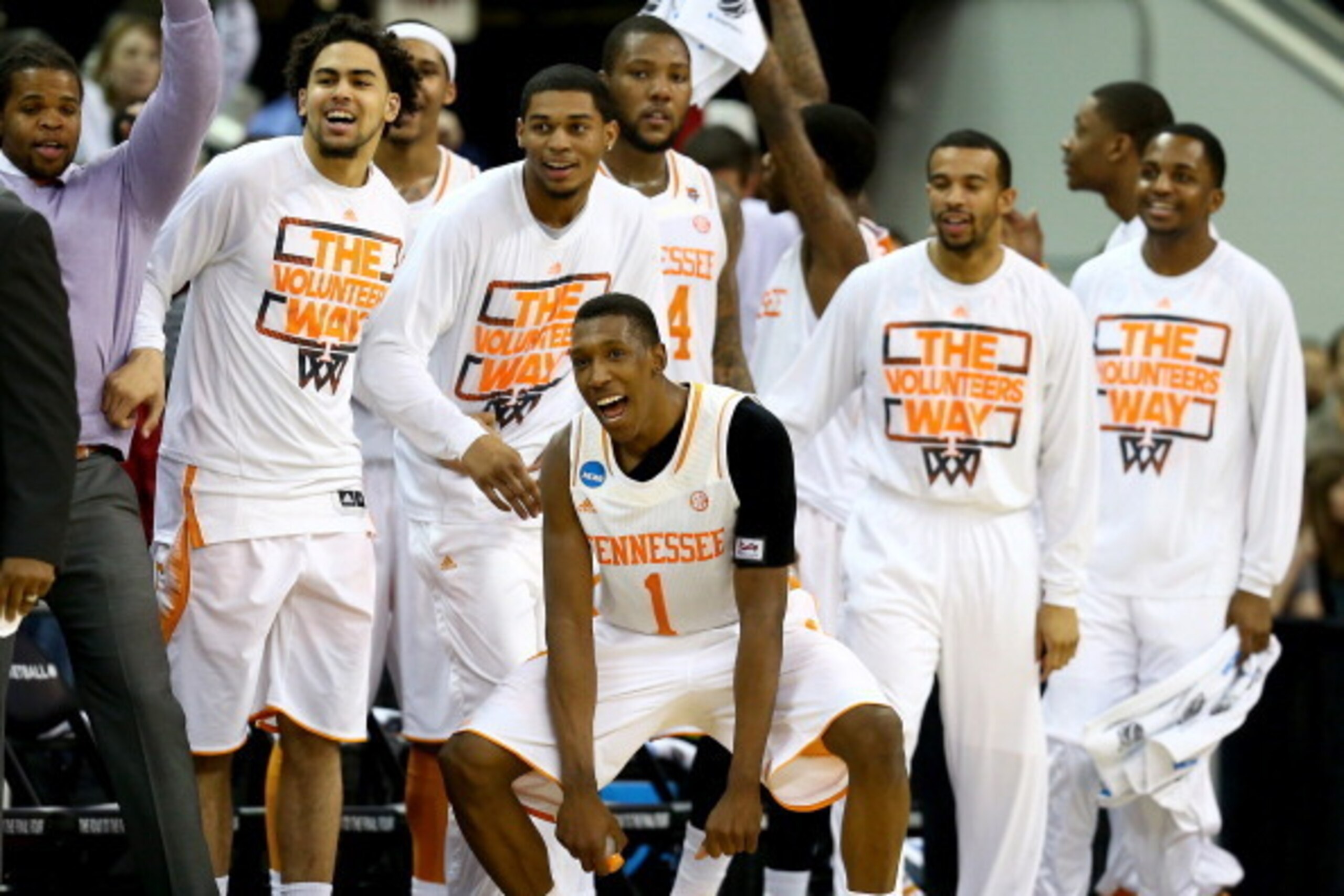 RALEIGH, NC - MARCH 23:  Josh Richardson #1 of the Tennessee Volunteers celebrates with teammates late in the game against the Mercer Bears during the third round of the 2014 NCAA Men's Basketball Tournament at PNC Arena on March 23, 2014 in Raleigh, Nort