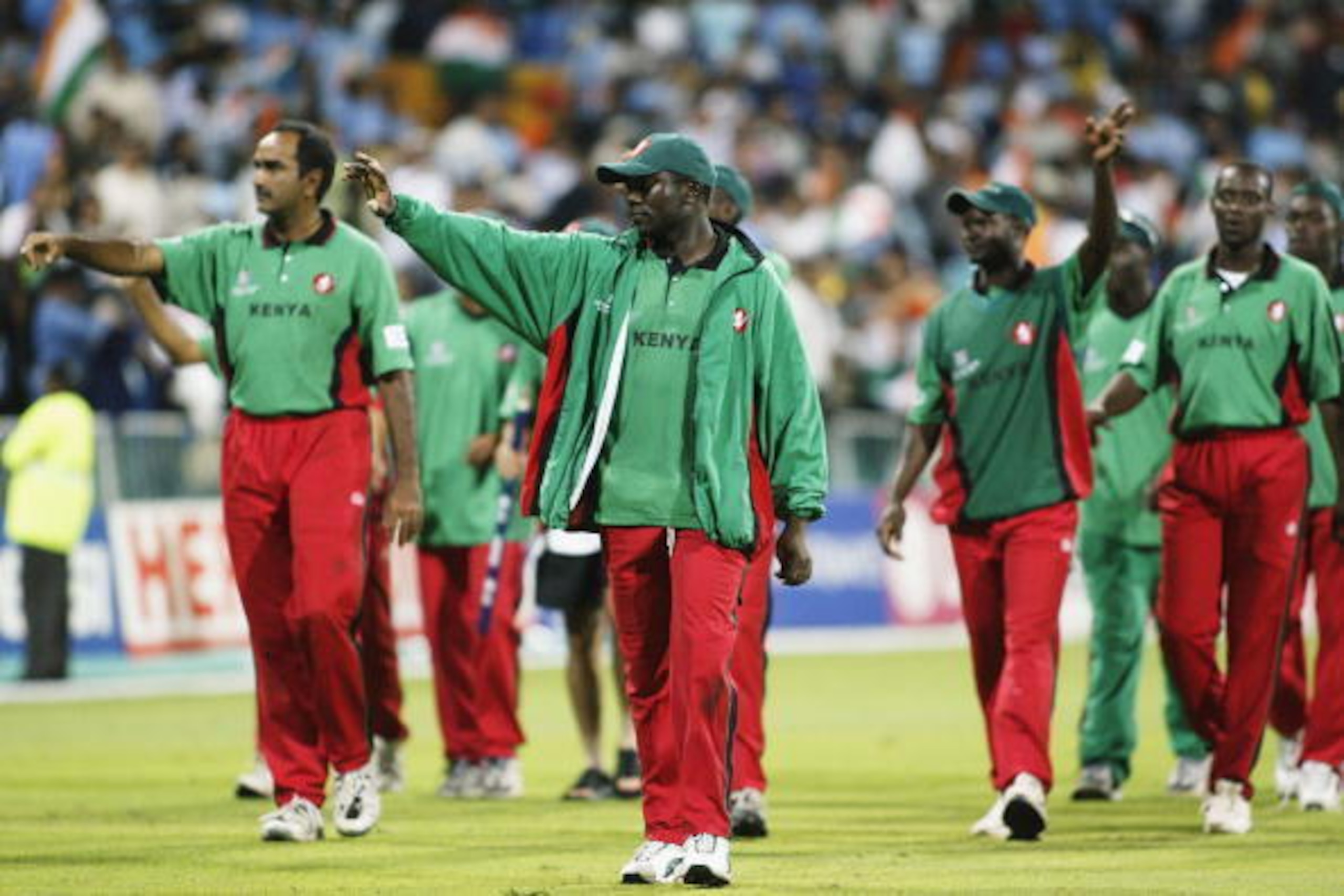 DURBAN - MARCH 20:   Steve Tikolo, captain of Kenya leads his players on a lap of honour after their exit from the tournament after a 91 run defeat during the ICC Cricket World Cup Semi Final game between Kenya and India at Kingsmead, in Durban, South Afr