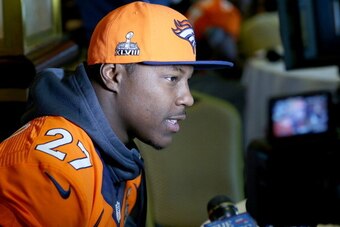 JERSEY CITY, NJ - JANUARY 30:  Knowshon Moreno #27 of the Denver Broncos addresses the media during Super Bowl XLVIII media availability on January 30, 2014 in Jersey City, New Jersey. The Denver Broncos and Seattle Seahawks will meet in Super Bowl XLVIII