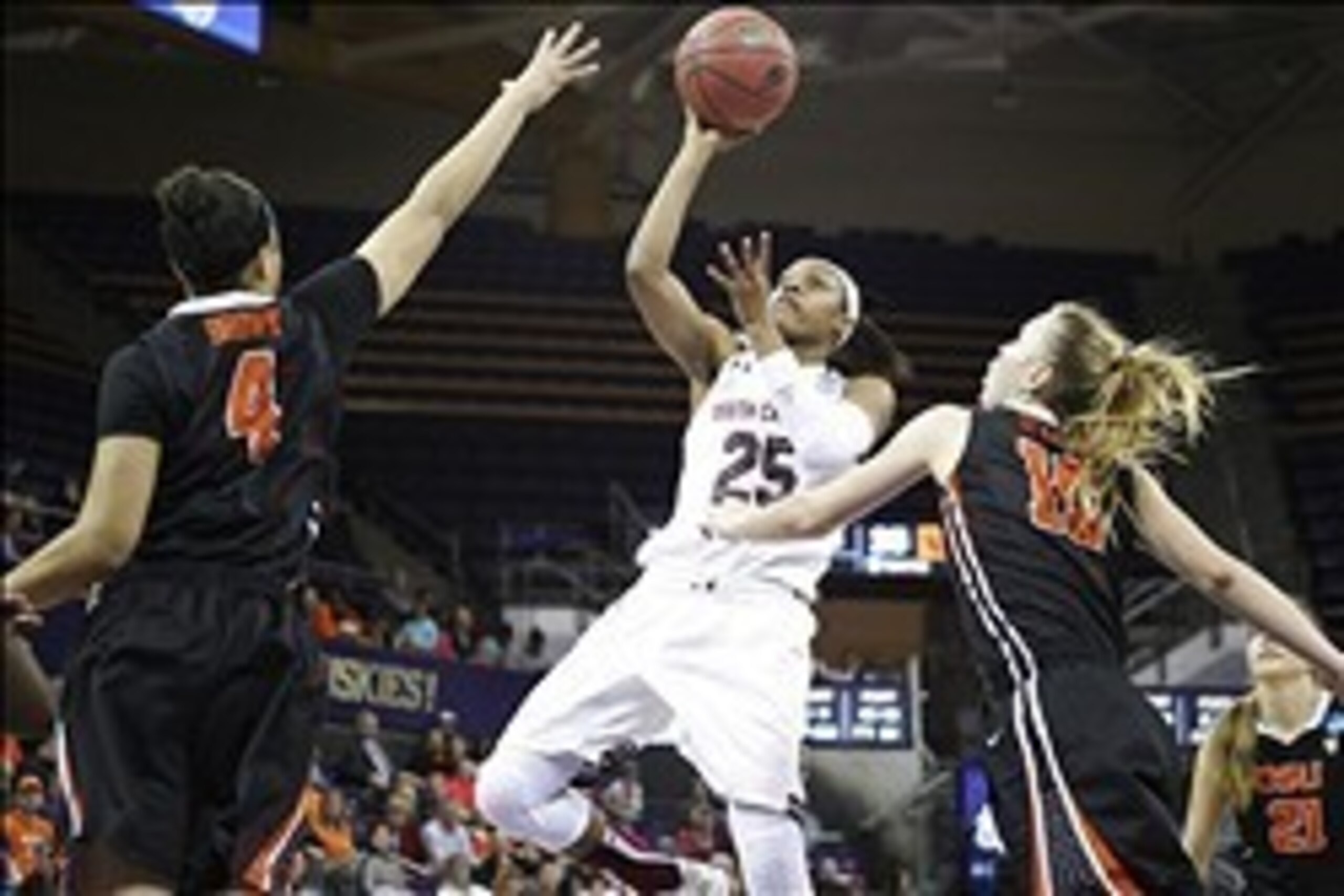 Mar 25, 2014; Seattle, WA, USA; South Carolina Gamecocks guard Tiffany Mitchell (25) drives the lane for a shot against the Oregon State Beavers in the first half of a women's college basketball game in the second round of the NCAA Tournament at Alaska Ai