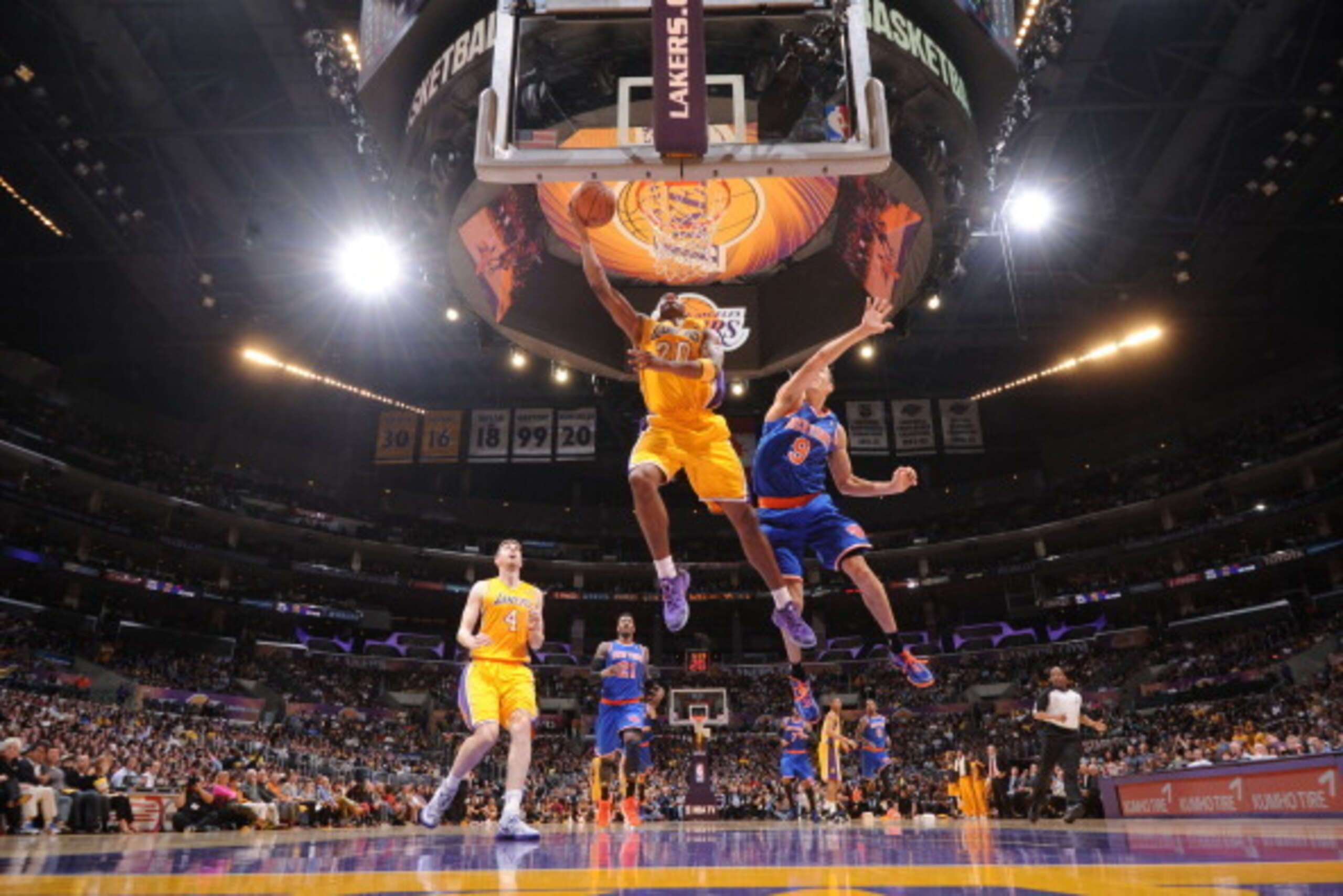 LOS ANGELES, CA - MARCH 25: Jodie Meeks #20 of the Los Angeles Lakers goes up for a shot against the New York Knicks at Staples Center on March 25, 2014 in Los Angeles, California. NOTE TO USER: User expressly acknowledges and agrees that, by downloading LOS ANGELES, CA - MARCH 25: Jodie Meeks #20 of the Los Angeles Lakers goes up for a shot against the New York Knicks at Staples Center on March 25, 2014 in Los Angeles, California. NOTE TO USER: User expressly acknowledges and agrees that, by downloading