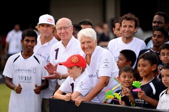 KUALA LUMPUR, MALAYSIA - MARCH 25:  Laureus Academy Members Robby Naish, Sir Bobby Charlton and Dawn Fraser pose with players during the Laureus All Stars Unity Cup ahead of the 2014 Laureus World Sports Awards at Royal Selangor Club on March 25, 2014 in 