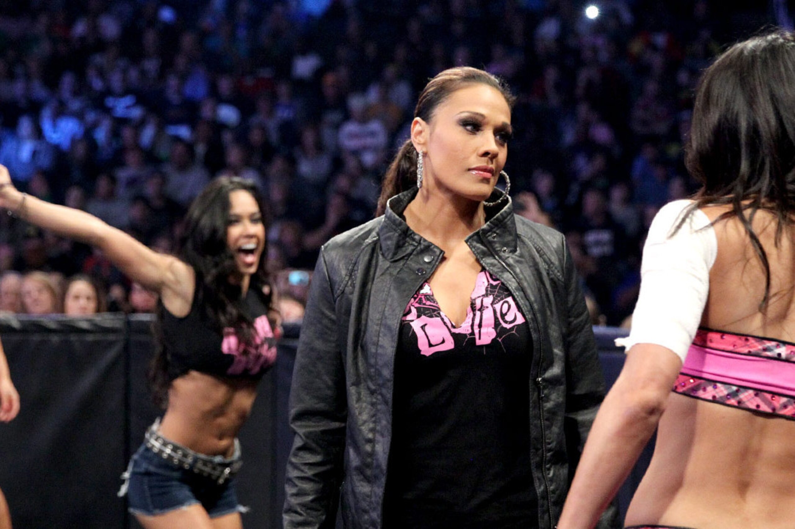 Tamina Snuka protects AJ Lee from Brie Bella.