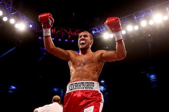 CARDIFF, WALES - AUGUST 17:  Sergey Kovalev celebrates his victory over Nathan Cleverly during the WBO World Light-Heavyweight Championship bout at Motorpoint Arena on August 17, 2013 in Cardiff, Wales.  (Photo by Scott Heavey/Getty Images)