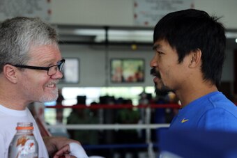 GENERAL SANTOS, PHILIPPINES - MARCH 04:  Manny Pacquiao and his trainer, Freddie Roach, are seen during a training session on March 4, 2014 in General Santos, Philippines. Pacquiao will fight for WBO welterweight championship rematch against Timothy Bradl