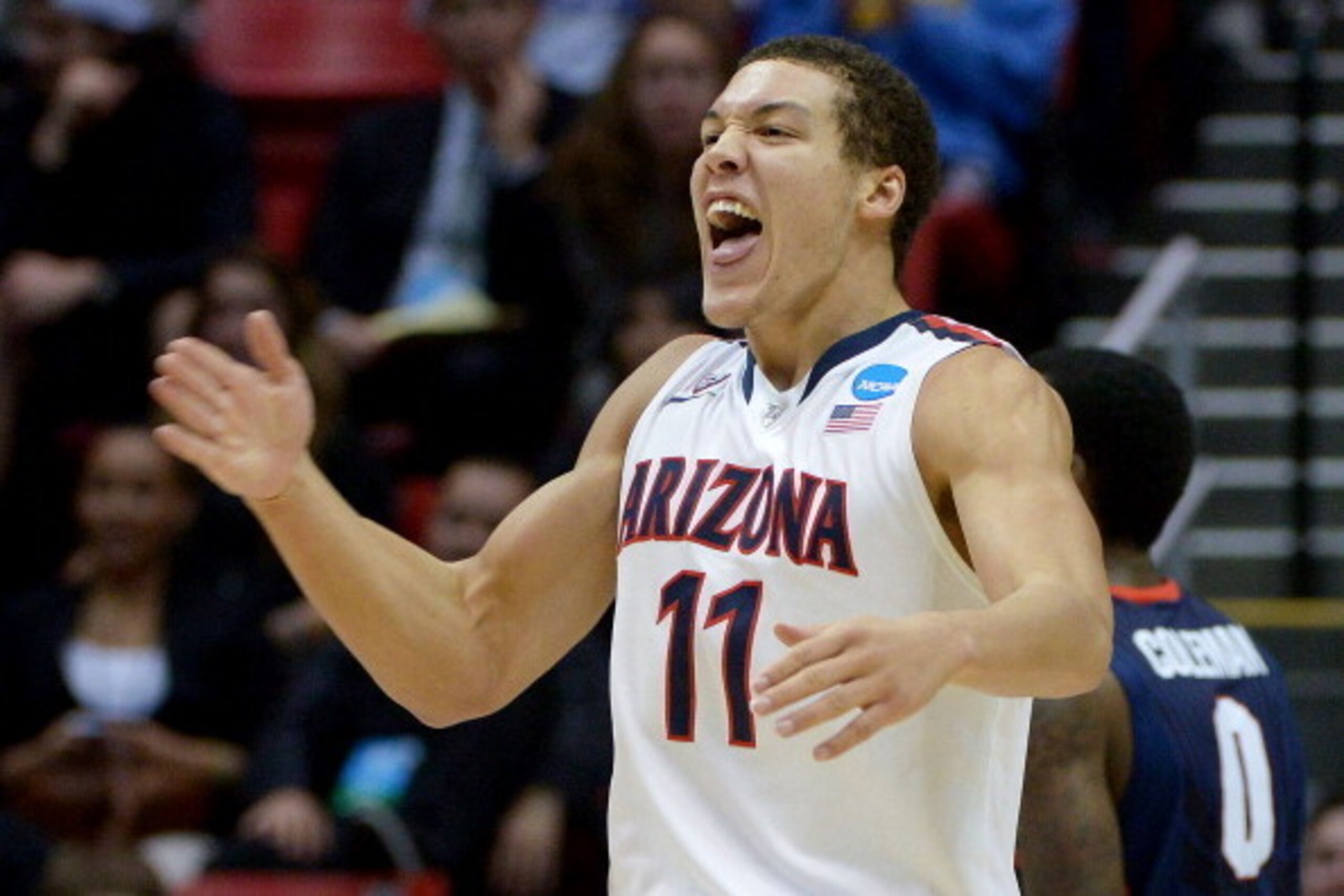 SAN DIEGO, CA - MARCH 23:  Aaron Gordon #11 of the Arizona Wildcats reacts in the first half against the Gonzaga Bulldogs during the third round of the 2014 NCAA Men's Basketball Tournament at Viejas Arena on March 23, 2014 in San Diego, California.  (Pho