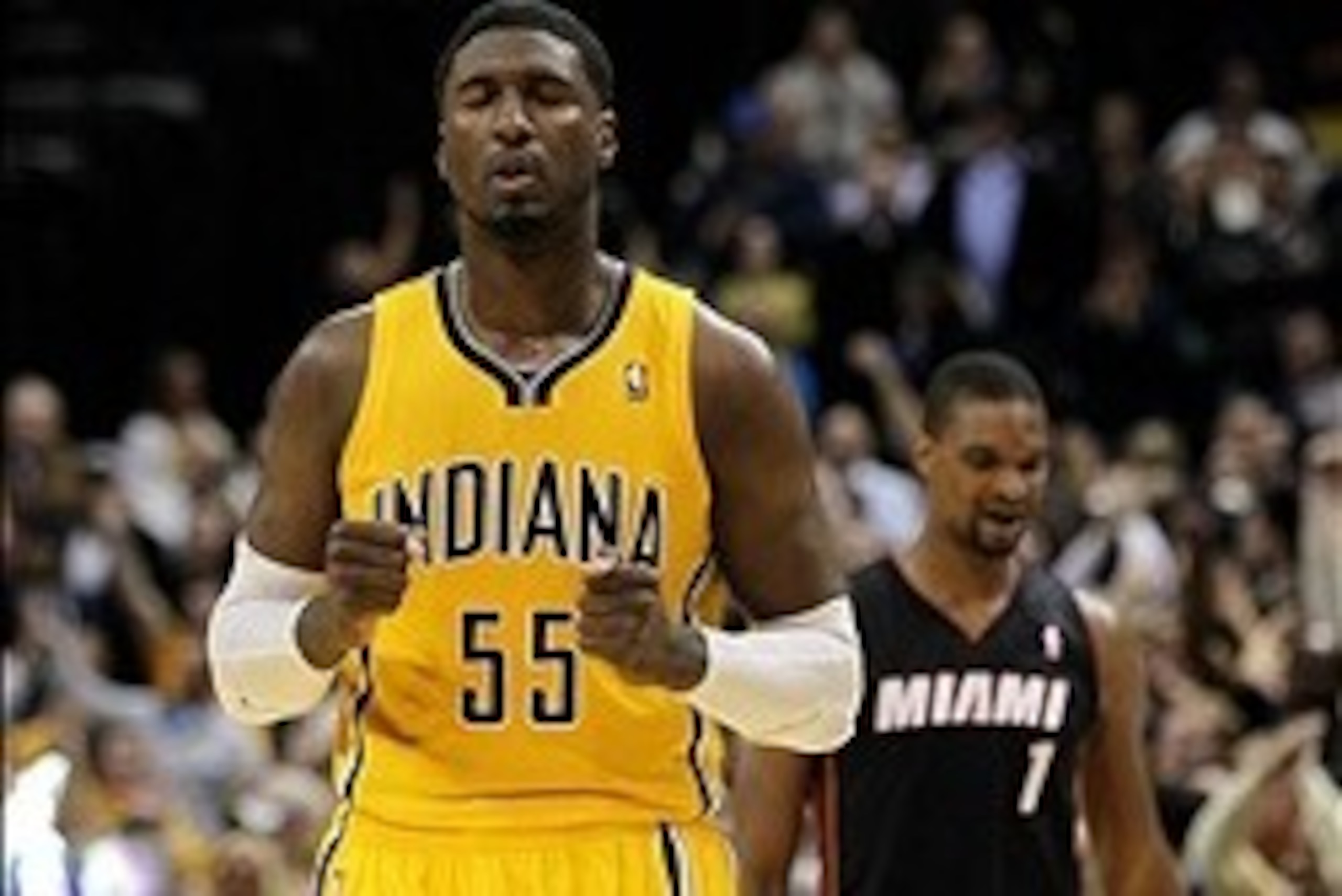 Mar 26, 2014; Indianapolis, IN, USA; Indiana Pacers center Roy Hibbert (55) reacts at the end of the game against the Miami Heat at Bankers Life Fieldhouse. The Pacers won 84-83. Mandatory Credit: Pat Lovell-USA TODAY Sports Mar 26, 2014; Indianapolis, IN, USA; Indiana Pacers center Roy Hibbert (55) reacts at the end of the game against the Miami Heat at Bankers Life Fieldhouse. The Pacers won 84-83. Mandatory Credit: Pat Lovell-USA TODAY Sports