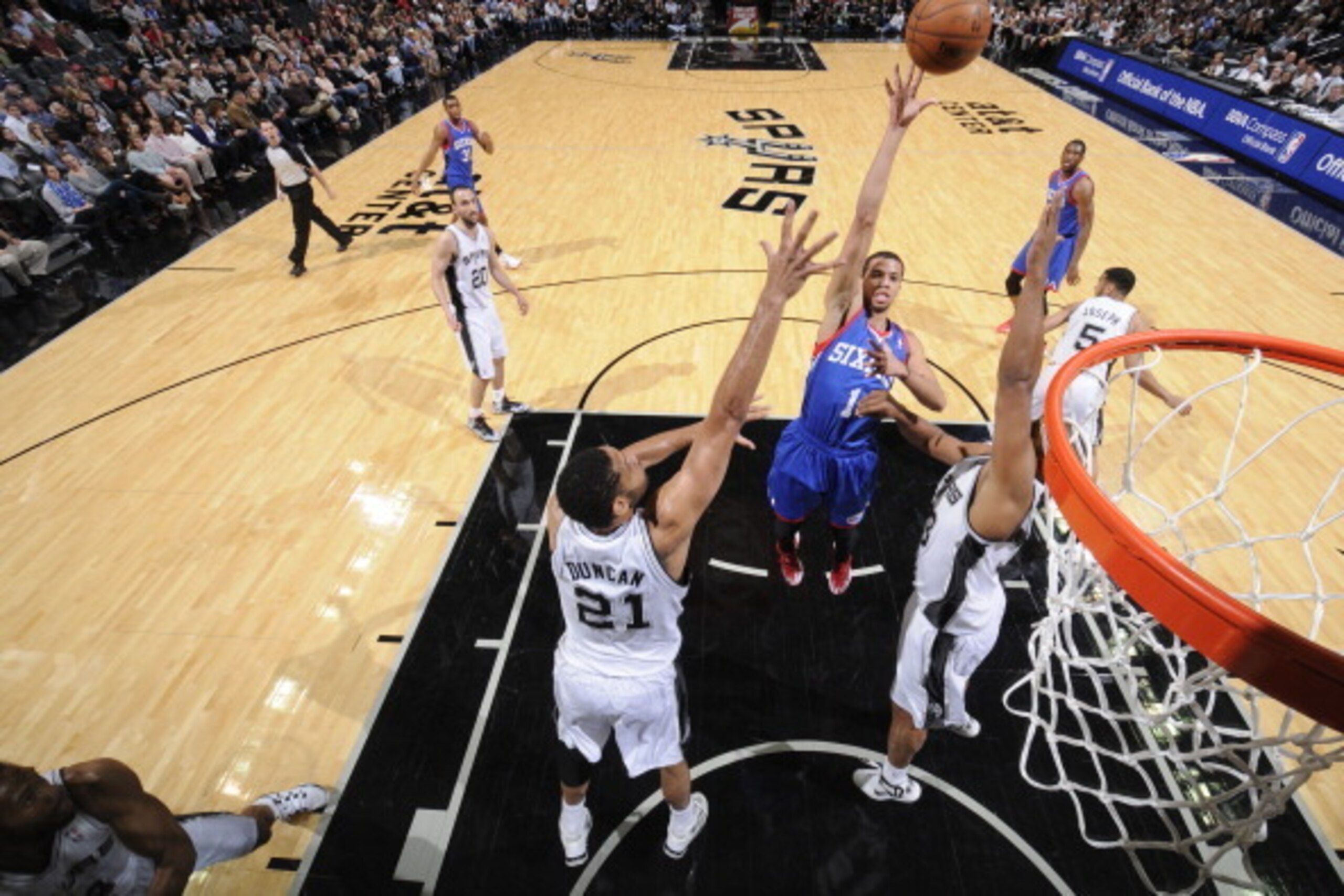 SAN ANTONIO, TX - March 24: Michael Carter-Williams #1 of the Philadelphia 76ers takes a shot against the San Antonio Spurs at the AT&T Center on March 24, 2014 in San Antonio, Texas. NOTE TO USER: User expressly acknowledges and agrees that, by downloadi