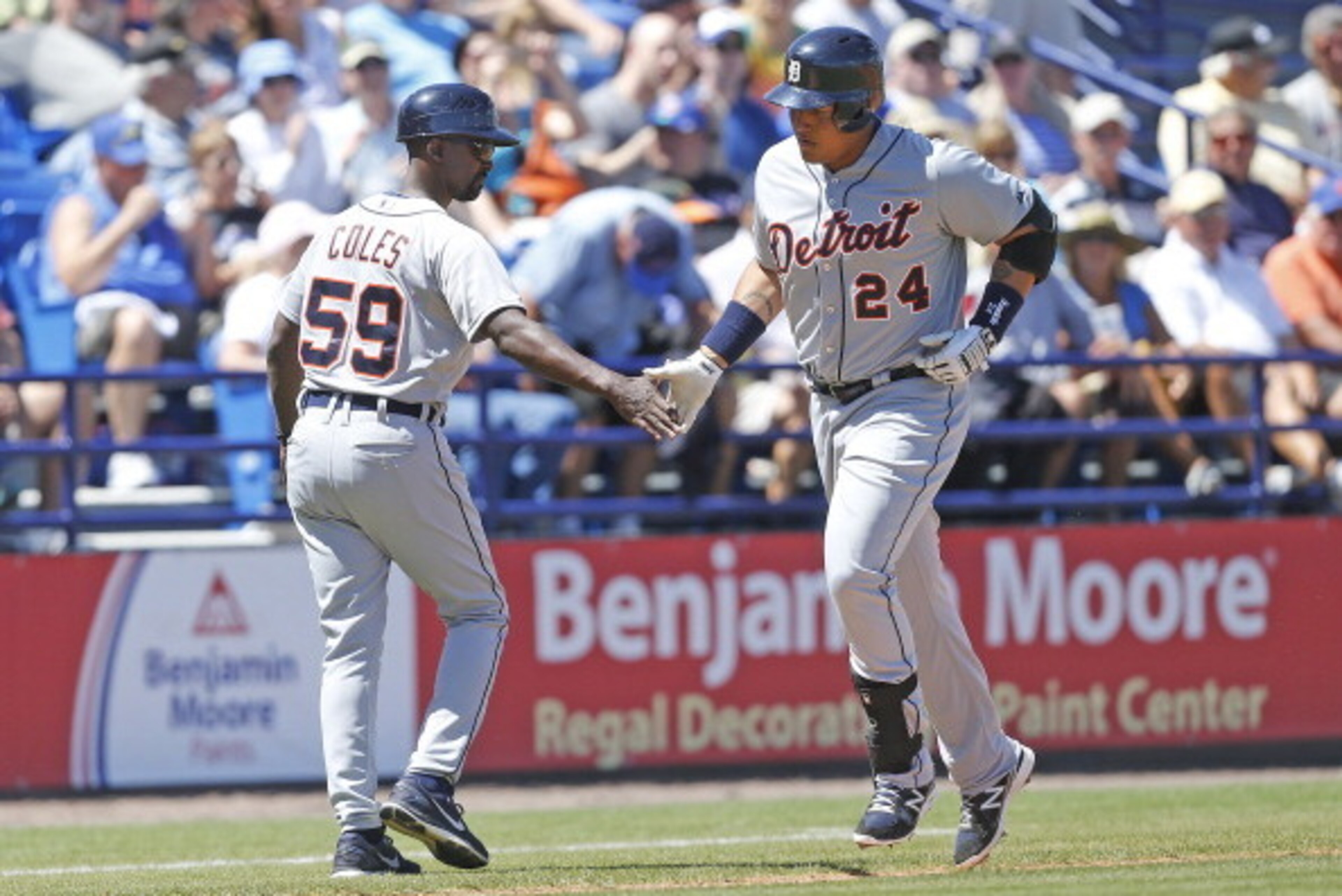 PORT ST. LUCIE, FL - MARCH 18: Miguel Cabrera #24 is congratulated by third base coach Darnell Coles #59 of the Detroit Tigers after hitting a home run against the New York Mets in the third inning during a spring training game at Tradition Field on March PORT ST. LUCIE, FL - MARCH 18: Miguel Cabrera #24 is congratulated by third base coach Darnell Coles #59 of the Detroit Tigers after hitting a home run against the New York Mets in the third inning during a spring training game at Tradition Field on March
