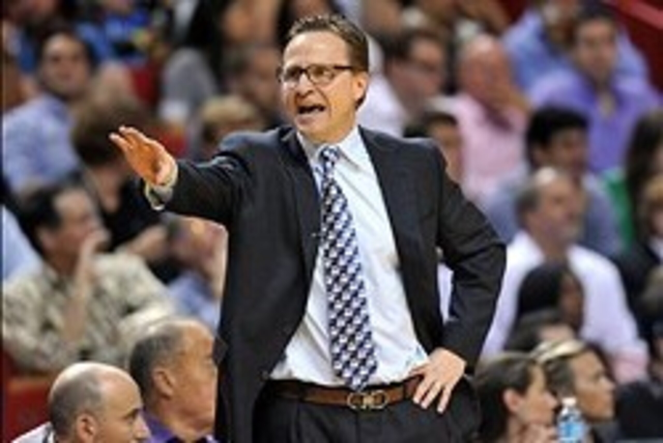 Jan 29, 2014; Miami, FL, USA; Oklahoma City Thunder head coach Scott Brooks reacts from the bench during the second half against the Miami Heat at American Airlines Arena. Mandatory Credit: Steve Mitchell-USA TODAY Sports
