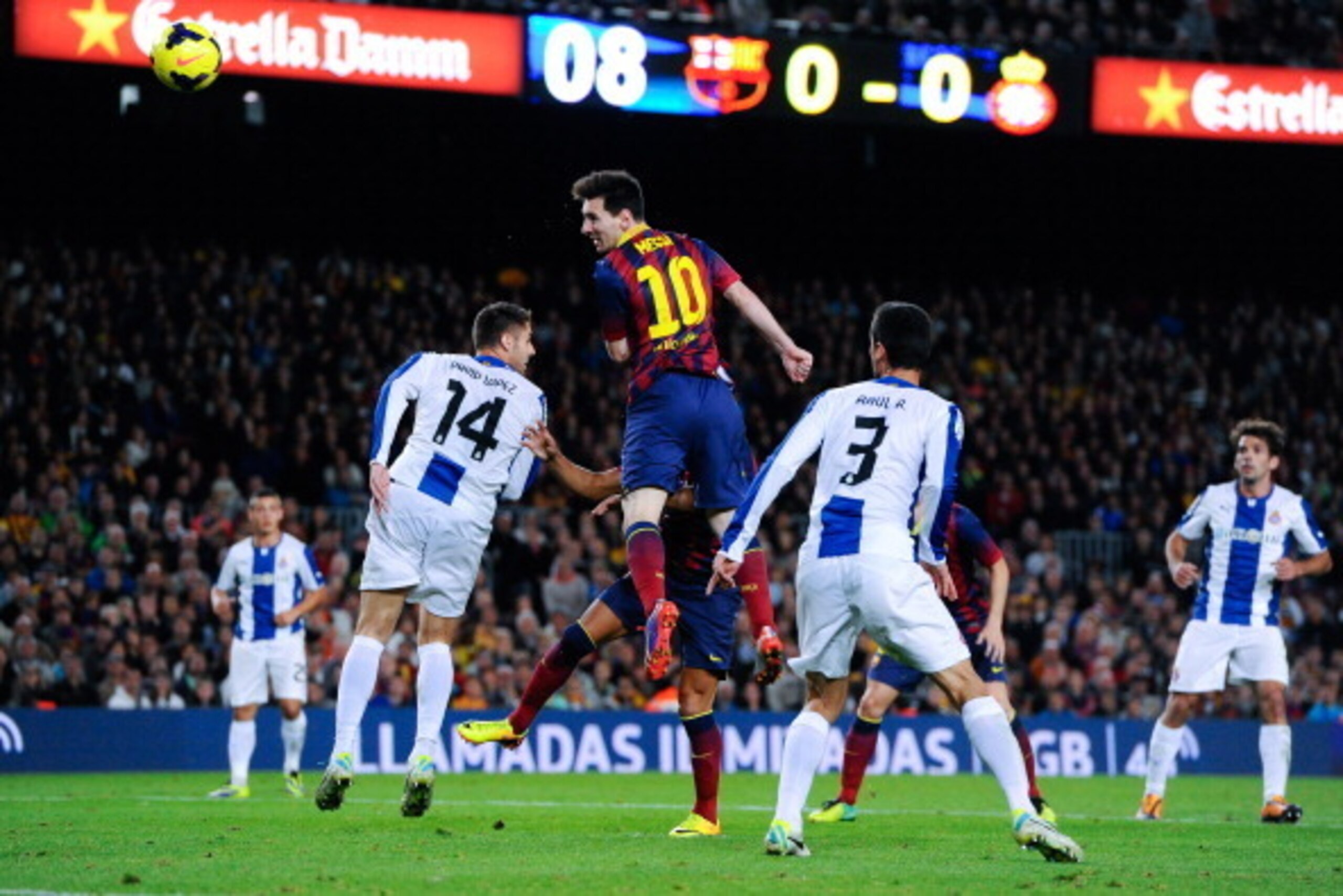 BARCELONA, SPAIN - NOVEMBER 01:  Lionel Messi of FC Barcelona heads the ball towards goal during the La Liga match between FC Barcelona and RCD Espanyol at Camp Nou on November 1, 2013 in Barcelona, Spain.  (Photo by David Ramos/Getty Images)