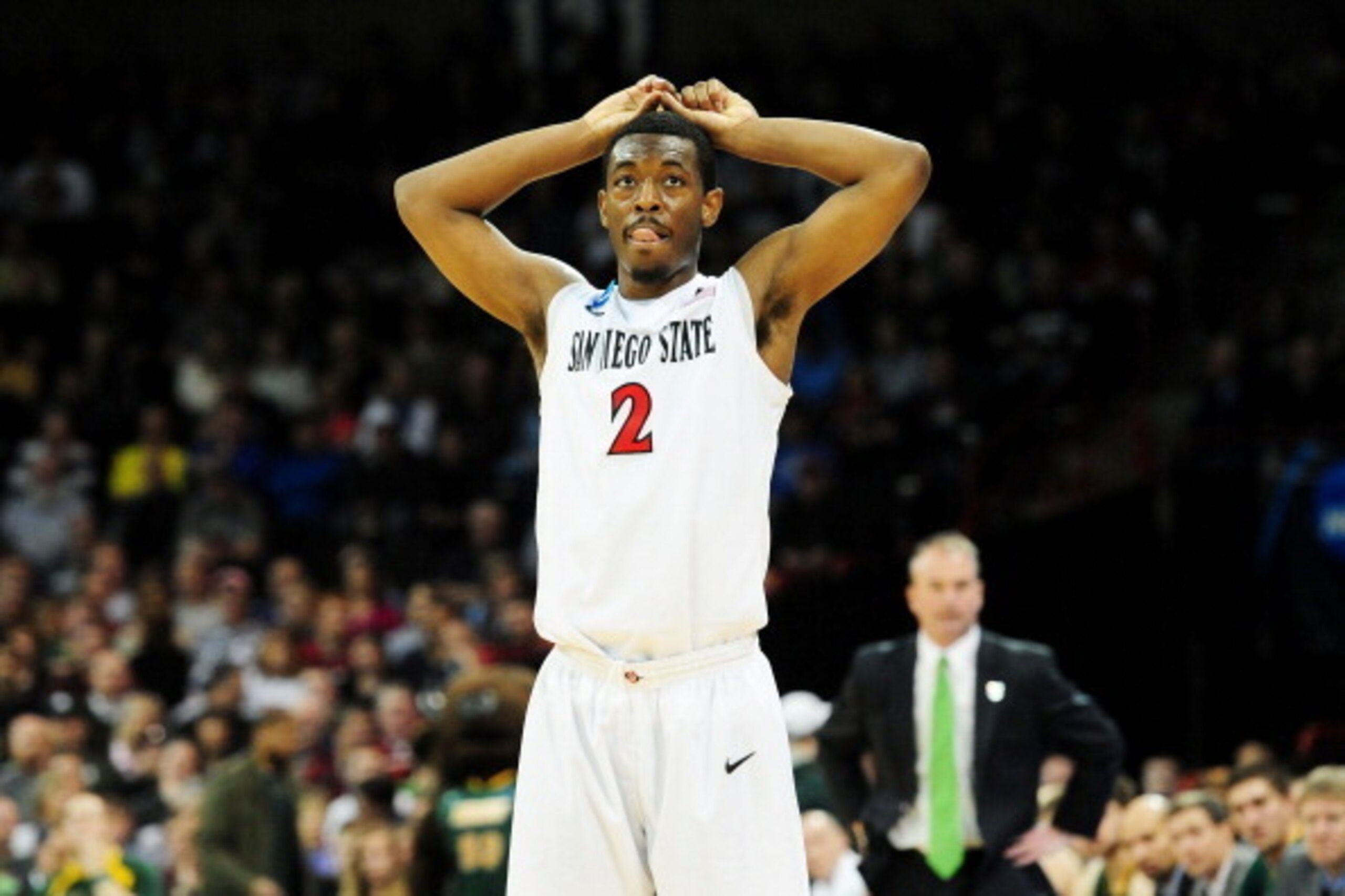 SPOKANE, WA - MARCH 22:  Xavier Thames #2 of the San Diego State Aztecs reacts during their 63 to 44 win over the North Dakota State Bison during the Third Round of the 2014 NCAA Basketball Tournament at Spokane Veterans Memorial Arena on March 22, 2014 i