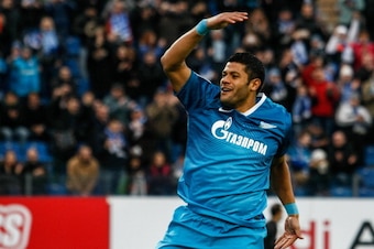 ST. PETERSBURG, RUSSIA - MARCH 24: Hulk of FC Zenit St. Petersburg celebrates his goal during the Russian Football League Championship match between FC Zenit St. Petersburg and FC Krylia Sovetov Samara at the Petrovsky stadium on March 24, 2014 in St. Pet