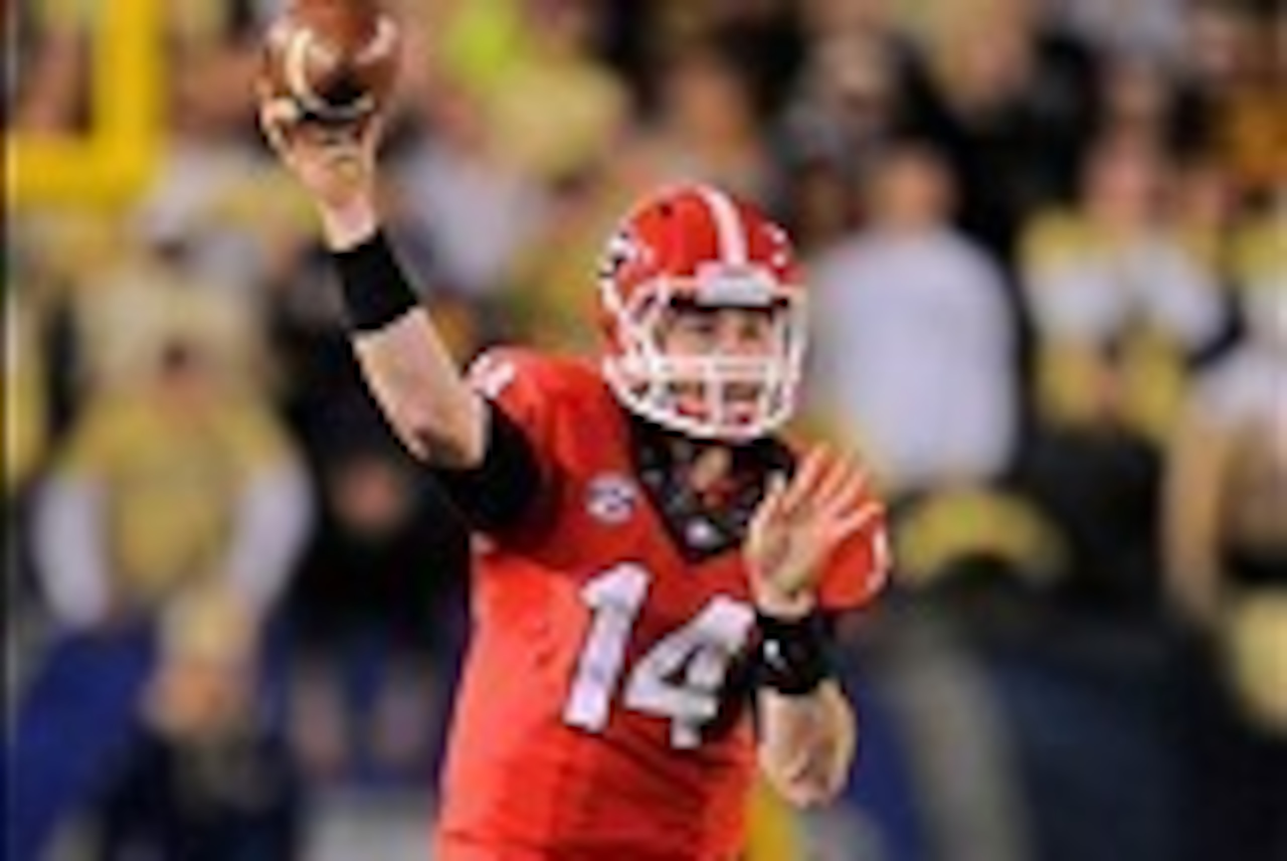 Nov 30, 2013; Atlanta, GA, USA; Georgia Bulldogs quarterback Hutson Mason (14) passes the ball against the Georgia Tech Yellow Jackets during the second half at Bobby Dodd Stadium. Georgia defeated Georgia Tech 41-34 in overtime. Mandatory Credit: Dale Za
