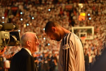 MIAMI, FL - JUNE 20: Head Coach Gregg Popovich talks Tim Duncan #21 of the San Antonio Spurs before the game against the Miami Heat prior to Game Seven of the 2013 NBA Finals on June 20, 2013 at American Airlines Arena in Miami, Florida.  NOTE TO USER: Us