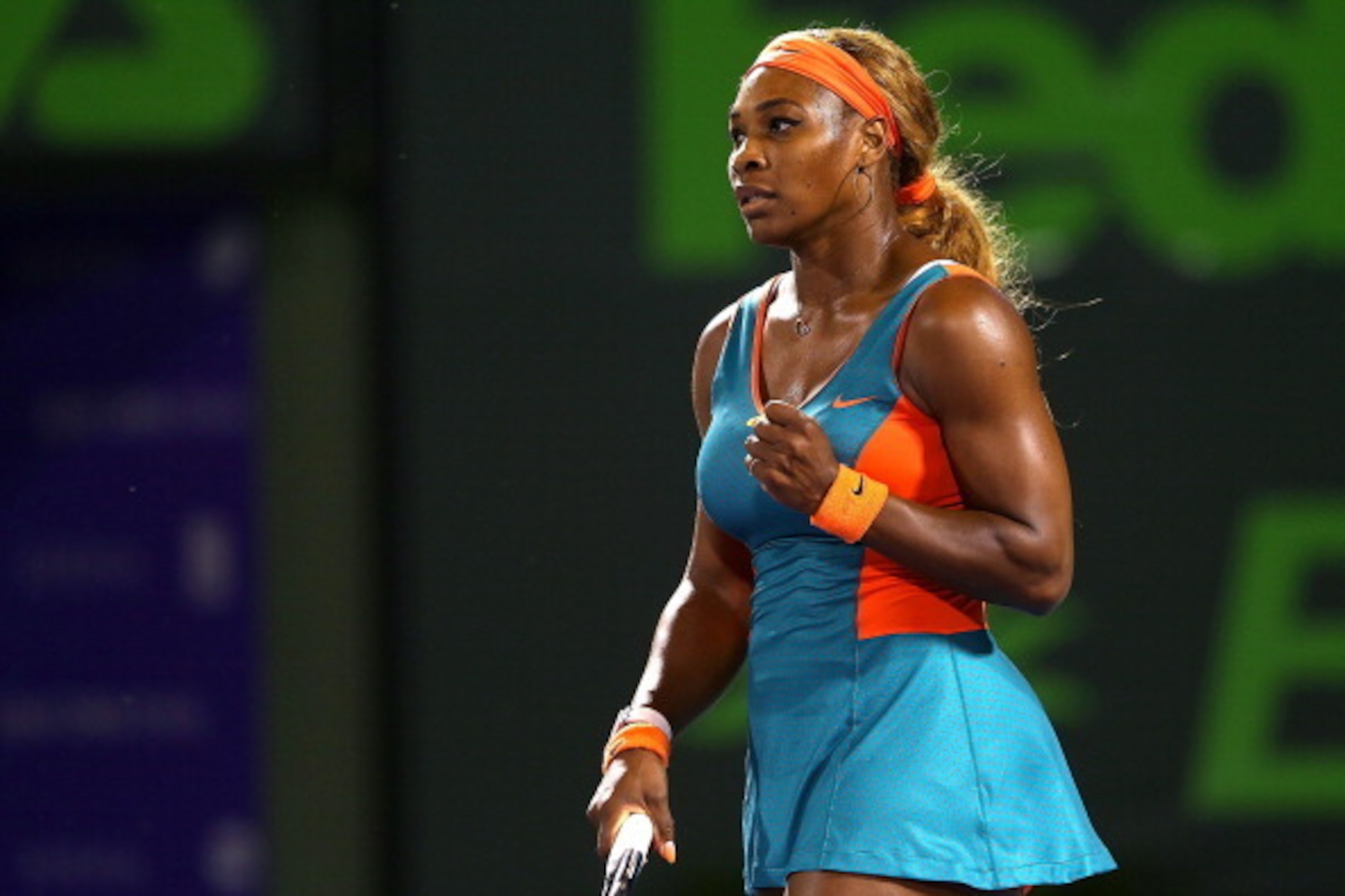 KEY BISCAYNE, FL - MARCH 25:  Serena Willaims reacts to winning her match against Angelique Kerber of Germany on Day 9 of the Sony Open at Carndon Park Tennis Center on March 25, 2014 in Key Biscayne, Florida.  (Photo by Mike Ehrmann/Getty Images)