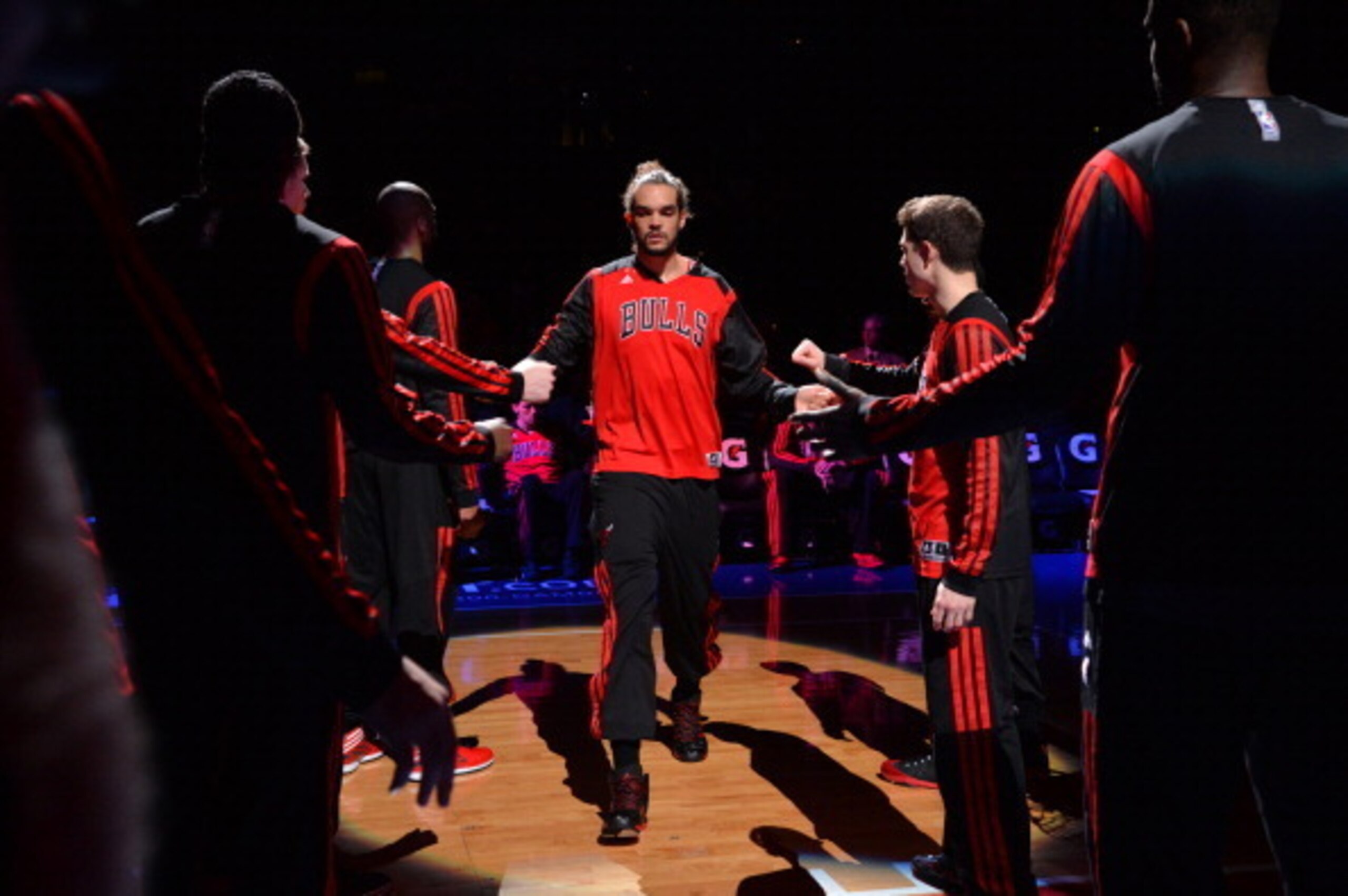 PHILADELPHIA, PA - MARCH 19: Joakim Noah #13 of the Chicago Bulls walks onto the court during during pre-game warm-ups against the Philadelphia 76ers at the Wells Fargo Center on March 19, 2014 in Philadelphia, Pennsylvania. NOTE TO USER: User expressly a