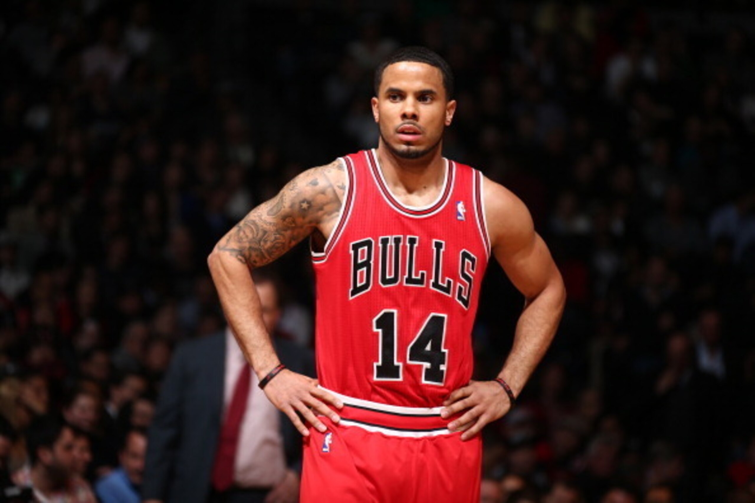 BROOKLYN, NY - MARCH 3: D.J. Augustin #14 of the Chicago Bulls stands on the court against the Brooklyn Nets at the Barclays Center on March 3, 2014 in the Brooklyn borough of New York City.  NOTE TO USER: User expressly acknowledges and agrees that, by d