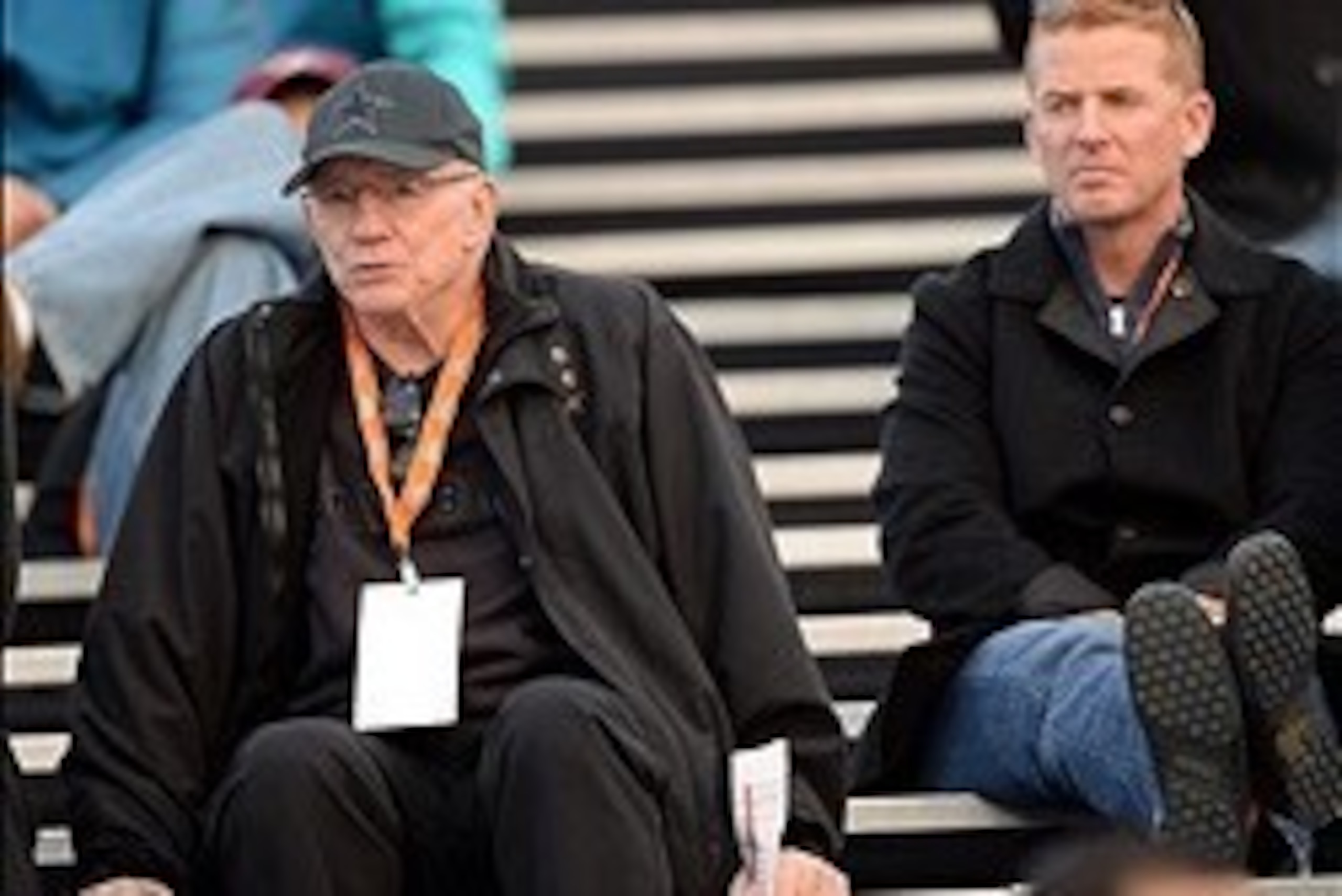 Jan 20, 2014; Mobile, AL, USA;  Dallas Cowboys owner Jerry Jones with head coach Jason Garrett seen in the stands of the North squad practice at Ladd-Peebles Stadium. Mandatory Credit: John David Mercer-USA TODAY Sports