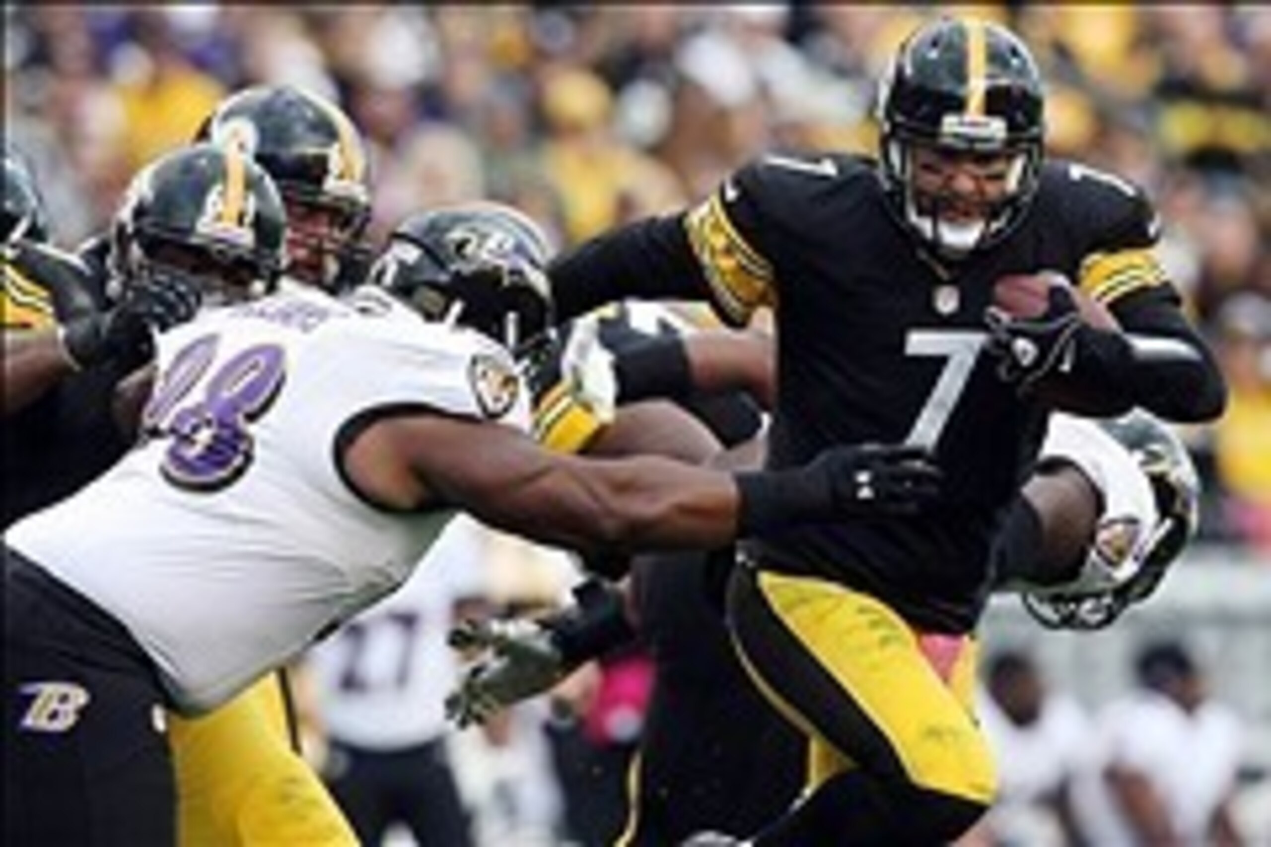 Oct 20, 2013; Pittsburgh, PA, USA; Pittsburgh Steelers quarterback Ben Roethlisberger (7) is sacked by Baltimore Ravens defensive tackle Brandon Williams (98) during the first half at Heinz Field. Mandatory Credit: Jason Bridge-USA TODAY Sports