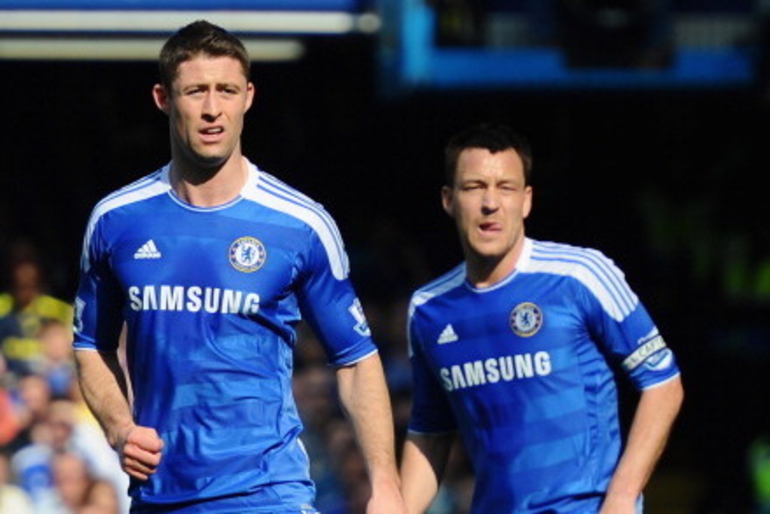 LONDON, ENGLAND - MARCH 24:  Gary Cahill (L) and John Terry of Chelsea look on during the Barclays Premier League match between Chelsea and Tottenham Hotspur at Stamford Bridge on March 24, 2012 in London, England.  (Photo by Mike Hewitt/Getty Images)