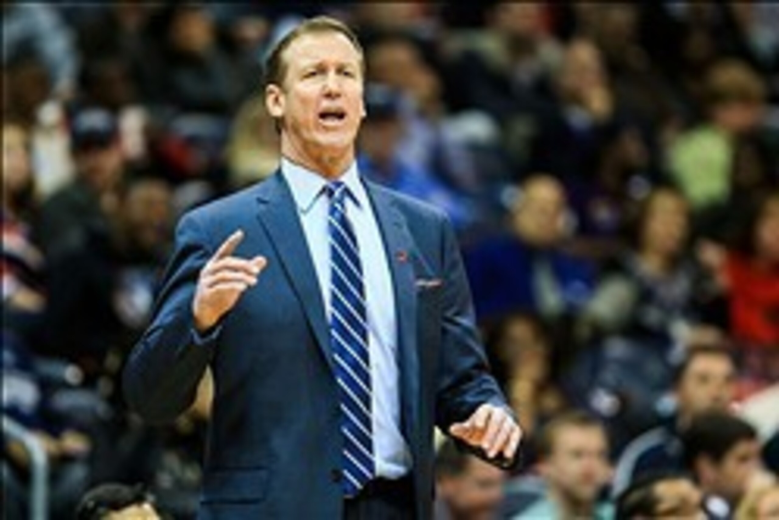 Mar 27, 2014; Atlanta, GA, USA; Portland Trail Blazers head coach Terry Stotts calls a play in the second half against the Atlanta Hawks at Philips Arena. The Portland Trail Blazers won 100-85. Mandatory Credit: Daniel Shirey-USA TODAY Sports