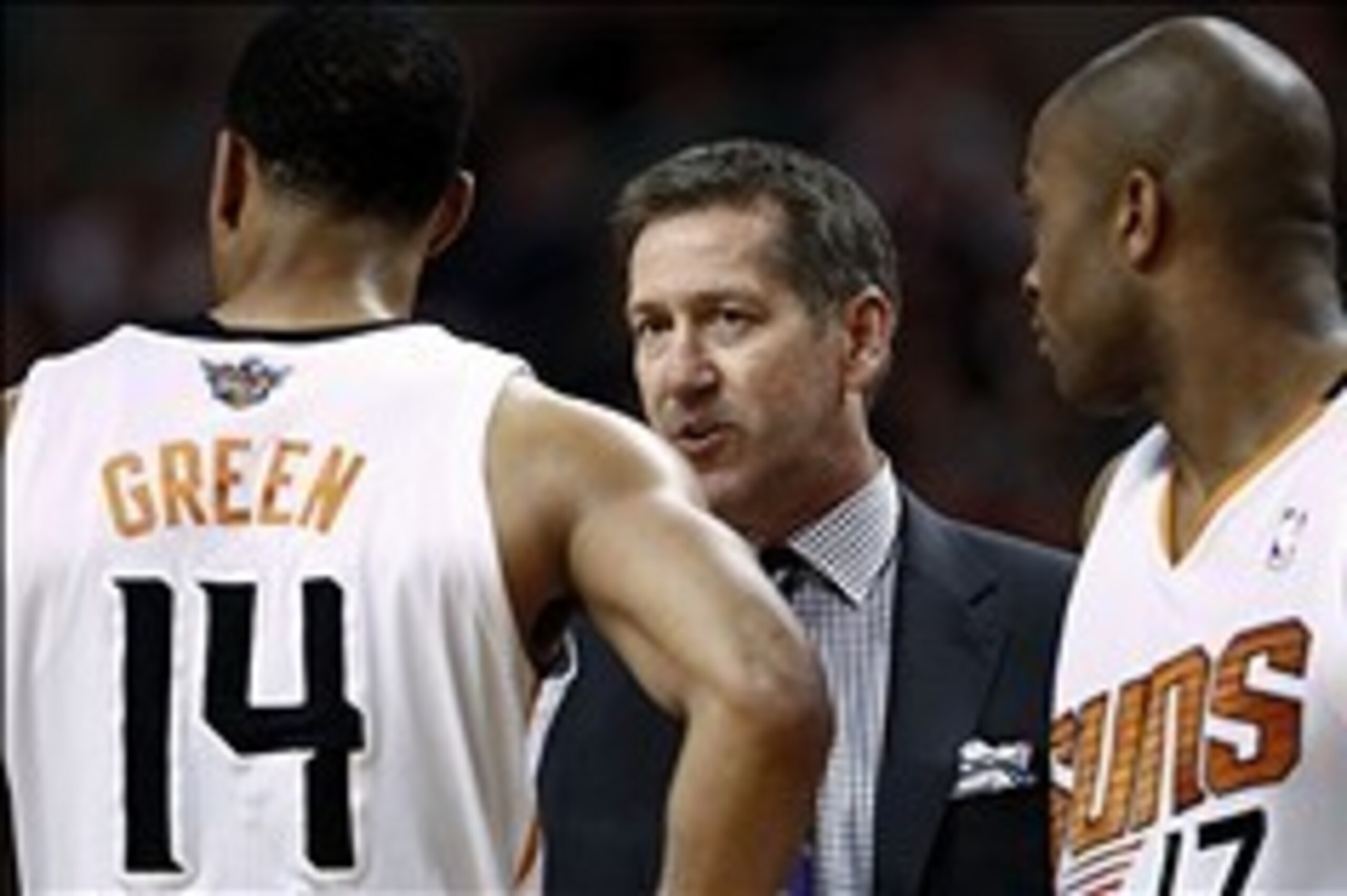Mar 14, 2014; Boston, MA, USA; Phoenix Suns head coach Jeff Hornacek (center) speaks to guard Gerald Green (14) and forward P.J. Tucker (right) during the first half of a game against the Boston Celtics at TD Garden. Mandatory Credit: Mark L. Baer-USA TOD