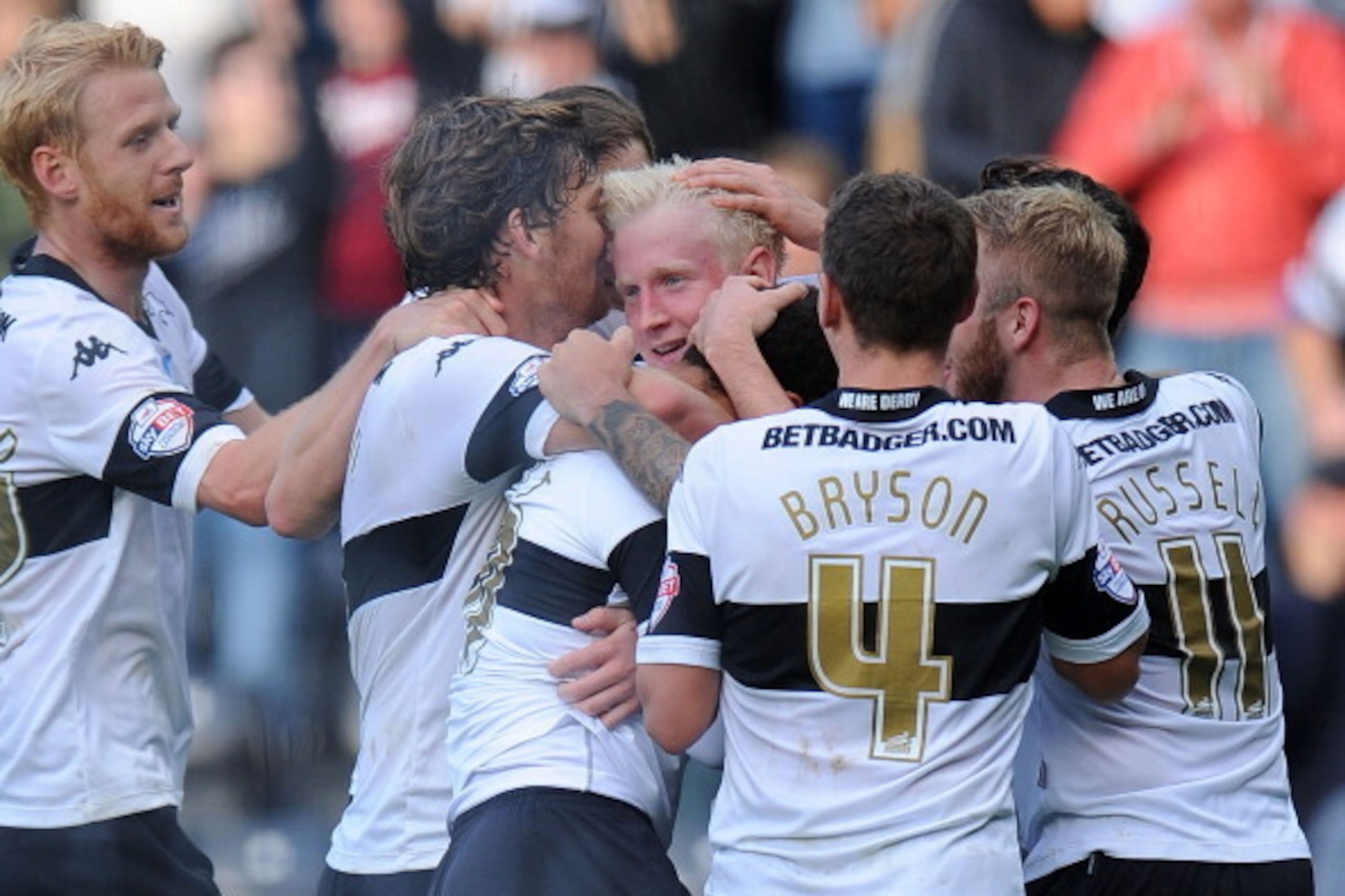 DERBY, ENGLAND - OCTOBER 05: Will Hughes (C) of Derby County celebrates scoring their third goal during the Sky Bet Championship match between Derby County and Leeds United at Pride Park Stadium on October 05, 2013 in Derby, England. (Photo by Tom Dulat/G